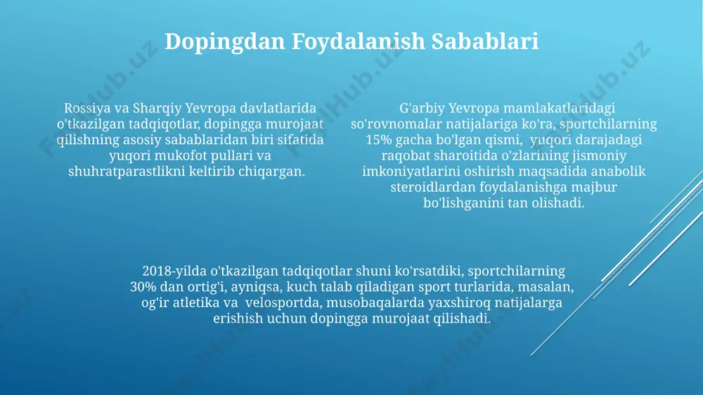 o'tkazilib, 500 dan ortiq sportchi va murabbiyga ma'lumot berildi, ammo bu yetarli emas. 2022-yilda o'zbekistonda o'tkazilgan 5 ta yirik sport tadbirida doping nazorati kuchaytirildi, natijada 12 ta musbat natija qayd etildi, bu esa jamoatchilik ongiga salbiy ta'sir ko'rsatdi. dopingga qarshi testlar va nazorat jahon antidoping agentligi (wada) 2022-yilda 5000 dan ortiq sportchilarni tekshirib, 200 dan ortiq dopingga ijobiy natija oldi, bu esa asosan g'arbiy yevropa va shimoliy amerikadagi musobaqalarda aniqlandi. o'zbekiston milliy olimpiya qo'mitasi 2023-yilda 1500 ga yaqin sportchini tekshiruvdan o'tkazib, uy sharoitida olingan namunalarning 10% dan ortig'ida gormonlar darajasining oshganligi aniqlandi. genetik tekshirish usullari, masalan, dnk tahlili yordamida, 2024 yilgi yozgi olimpiada o'yinlarida tokioda 300 dan ortiq sportchi tekshiruvdan o'tkazilib, natijalarning 5% aniqlanadigan dopingga oid genlarning o'zgarishi aniqlangan. kelajakdagi strategiyalar va texnologiyalar yangi avlod biometrik texnologiyalari, shu jumladan, 50 dan ortiq genetik markerlarni tahlil qilish orqali, doping ishlatilishini aniqlash imkoniyatini sezilarli darajada yaxshilaydi va london kabi yirik shaharlardagi laboratoriyalarda …