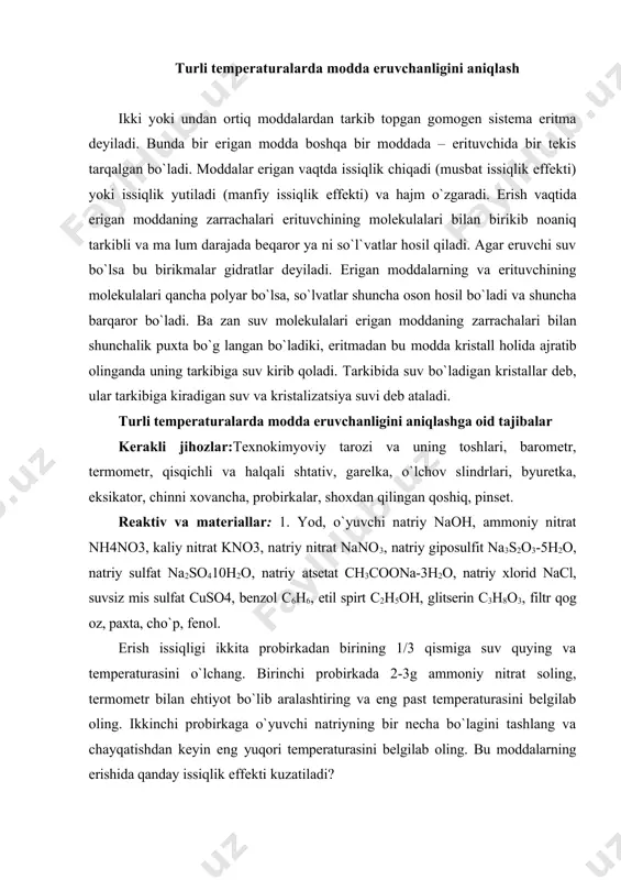 2-3g ammoniy nitrat soling, termometr bilan ehtiyot bo`lib aralashtiring va eng past temperaturasini belgilab oling. ikkinchi probirkaga o`yuvchi natriyning bir necha bo`lagini tashlang va chayqatishdan keyin eng yuqori temperaturasini belgilab oling. bu moddalarning erishida qanday issiqlik effekti kuzatiladi? 2- . erish vaqtida hajmning o`zgarishi. probirkaga (1/3 qismiga) suv quying va shuncha hajmda spirt qo`shing (ehtiyot bo`ling). suyuqlikning probirkadagi sathini rezina halqa bilan belgilab qo`ying. probirkani probka bilan berkiting va ichidagilarni yaxshilab aralashtiring. eritma sovigandan so`ng sathining pasayishini kuzating. kuzatilgan hodisaning sababini izohlang. 3- . eritmada molekulyar holat: a) yod kristallaridan 2-3 donasini probirkada qizdiring. yod binafsha rangli bug ga aylanadi. bug` holidagi moddaning darajasi qanday? b) ikki probirkaga yod kristallaridan 1-2 donasidan soling. birinchi probirkaga ozroq benzol, ikkinchi probirkaga ozroq spirt solib chayqating, erigandan so`ng birinchi probirkada binafsha rangli, ikkinchi probirkada qo`ng`ir rangli eritma hosil bo`ladi. eritmalarning har xil rangli bo`lishiga sabab shuki polyar bo`lmagan benzol molekulalari yod molekulalari bilan …