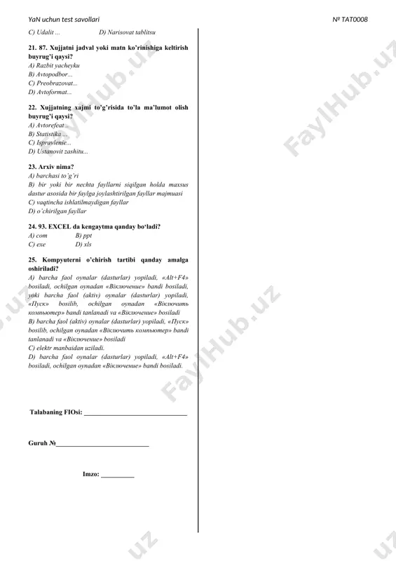 ) predvaritelniy prosmotr d) soxranit kak… 12. . xujjatni boshqa dasturdan o’rnatish buyrug’i qaysi? a) razriv b) zakrit c) ob’ekt d) soxranit - (shift+f12) 13. varaqning kattaliklarini o’zgartirish buyrug’i qaysi? a) soxranit - (ctrl+s) b) parametri stranitsi... c) otkrit - (ctrl+o) d) predvaritelniy prosmotr 14. 94. formula va funksiyalar bilan ishlash uchun qaysi buyrug‘dan foydalaniladi? a) ¦x funksiyasidan b) simvol komandasidan c) formula komandasidan d) å-(summa) asboblar panelidan 15. 91. microsoft excel dasturi-1-excel dasturining ish maydonida ustunlar qanday belgilangan? a) ustunlar belgilangan emas b) rasmlar bilan c) raqamlar bilan d) harflar bilan 16. ekranni kengaytirish buyrug’i qaysi? a) vo ves ekran b) soxranit kak... c) soxranit - (shift+f12) d) sozdat - (ctrl+n) 17. axborotni bufer xotiraga ko‘chirish buyrug’i qaysi? a) vstavit - (ins) b) zamenit - (ctrl+h) c) nayti (ctrl+f) d) virezat - (shift+del) eki ctrl+x 18. muxarrirning kattaliklarini o’zgartirish buyrug’i qaysi? a) yazik... b) pravopisanie...(f7) c) nastroyka... d) parametri... …