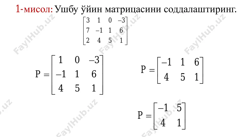 н нуқтаси. ва нуқталардан ўтувчи тўғри чизиқ тенгламаси: ёки 1 2a a 1b 11 1,5a  2b 22 1a  11 1,5a   21 2a   n * as  n 1 1b b 2 2b b  0;1,5  1,2 1 1b b 0 1,5 1 0 2 1,5 x y     0,5 1,5y x  8.1 )6.0;4.0(4.06.016.0 )8.1;6.0(8.16.0. 32 5.15.0 32 31 3 01 0 :)1;1()3;0( ** 1 * 2 22               vнархиўйиннинг sстратегияоптималppкилибшундай nяъниyxечамизисистемасинртенгламала xy xy xyёки yx тенгламасичизиктўгриbbўтувчиннукталардава a 2. матрицали ўйинларни чизиқли программалаш масаласига келтириш айтайлик, ўйин mn тартибли тўлов матрицаси p(aij) i=1,2,…,m, j=1,2,…,n орқали берилган бўлсин. а ўйинчи а1,a2,…,am в ўйинчи b1,b2,…,bn стратегияларга эга бўлсин. ва оптимал стратегияларни топиш талаб қилинади, бунда лар ai ва bj соф стратегияларга қўлланиладиган эҳтимоллар. оптимал стратегия ушбу талабларни қаноатлантиради.  …