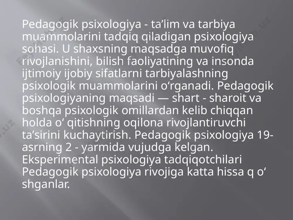 lanib, o‘ quvchilarni yaxshi tushunish, ularga kerakli q o‘ llab-quvvatni berish va ularning maqsadlariga mos ravishda yordam berishning y o‘ llarini topish zarur. e’tiboringiz uchun raxmat image2.png image3.png image4.png image5.png image6.png /docprops/thumbnail.jpeg