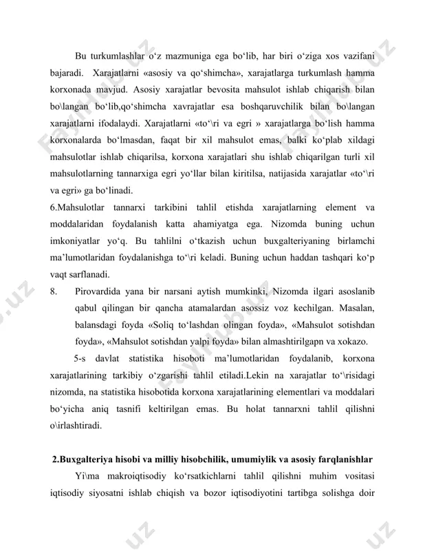 aro muvofiqlashtirilgan va bozor iqtisodiyoti prinsiplariga javob bera oladigan makroko‘rsatkichlar yi\indisidan iborat. milliy hisoblar tizimining jadvallari buxgalteriya hisob-kitoblarini yuritish uslubi bo‘yicha tuziladi, ya’ni iqtisodiy operatsiyalar ikki tomonlama: resurs va foydalanuvchi tomonidan aks ettiriladi. hisoblarni tuzish uchun zarur bo‘lgan ma’lumotlar eng avvalo korxona va xo‘jaliklarning buxgalteriya hisob-kitob tizimida yuzaga keladi. lekin buxgalteriya hisob-kitob ma’lumotlarini oddiy biriktirish (agregirovaniye) milliy hisoblar tizimini zaruriy ko‘rsatkichlarini olish imkoniyatini bermaydi. shuning uchun o‘zbekiston respublikasida buxgalteriya hisobini takomillashtirish, ularni xalqaro amaliyotda qabul qilingan qoidalarga o‘tkazish maqsadida jahon andozalariga javob beradigan «hisob reja»larini tayyorlash va uni korxona va xo‘jaliklarni amaliyotiga kiritish zarurdir. bizning fikrimizcha, buxgalteriya hisobining «hisob reja»sining mazmuni va tuzilishi quyidagilarga qaratilgan bo‘lishi kerak: -korxonalarning ixtiyorida mavjud bo‘lgan asosiy va aylanma fondlarning harakati, moddiy aktivlar, uzoq muddatli qo‘yilmalar va rezerv fondlari to‘\risida umumlashgan ma’lumotlarni olish va ularga tavsif berish; -korxona va xo‘jaliklarning ustav faoliyati bilan bo\langan harajatlar va ishlovchilarga ko‘rsatiladigan ijtimoiy-maishiy xizmatlarni ifodalovchi umumlashgan ma’lumotlarni to‘plash; -respublika …
