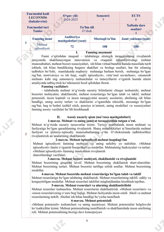 yalar 8-mavzu. ish bilan bandlik: nazariya va amaliyot aholining ish bilan bandligi bo‘yicha klassik va neoklassik nazariyalar. neoklassik nazariyalarida aholining ish bilan bandligi masalalari. aholining ish bilan bandligi bo‘yicha hozirgi zamon nazariyalar. aholini ish bilan ta’minlashning tasnifi. aholining ish bilan bandligi, uning asosiy turlari va shakllari. ish bilan bandlik sohasida ijtimoiy-demografik guruhlar 9-mavzu. mehnat bozorida raqobatbardosh bo’lmagan aholining ish bilan bandligi inson resurslarini ijtimoiy muhofaza qilishning mohiyati va tamoyillari. inson resurslarini mehnat bozorida raqobatbardosh bo‘lmagan nogironligi bo‘lgan fiiqarolar ish bilan bandligining kafolatlar. xotin-qizlar tadbirkorligini rivojlantirish vazifalari. mehnat bozorida raqobatbardosh bo‘lmagan yoshlami ish bilan ta’minlash. «uyushmagan yoshlar»ni mehnat bozorida raqobatbardosh kasb-hunarlarga o‘qitish va ulami ishga joylashtirish 10-mavzu. mehnat bozorida mehnat resurslarining mobilligi va migratsiyasi mehnat resurslarining mobilligi va uning turlar. mehnat resurslarining hududlararo mobilligi. mehnat resurslarining taimoqlararo mobilligi. mehnat migratsiyasi: kelib chiqishi va oqibatlar. xalqaro mehnat migratsiyasi. mehnat migratsiyasining davlat tomonidan tartibga solinish 11-mavzu. ish bilan beqaror bandlik: shakllari, imkoniyatlari va …