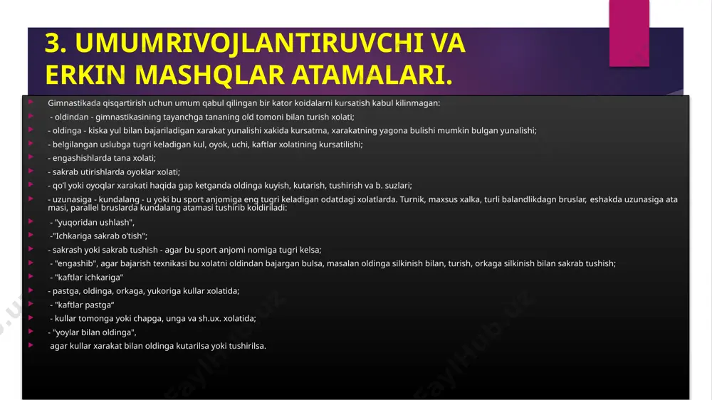 igan mashklar atamalari. ushlash - anjomni ushlash usuli. kuyidagi ushlashlar tatbik kilinadi: yukoridan, pastdan, turli, teskari, tutashtirilgan, keng, tor, sikilgan chukur. osilish - yelkalar ushlash nuktasidan kuyida bulgan anjomdagi shugullanuvchining xolati. shugullanuvchi fakat oyok, yoki kul bilan ushlab turgan xolati, oddiy osilish va kushimcha tayanish bulgan tana, oyoklar yordamnda yaralash osilish farklanadi. osilishlar - (oddiy) - bukilgan kullarda osilish, engashib osilish, egilib osilish, burchakli osilish, orkadan osilish, gorizontal osilish. aralash osilishlar: utirib osilish, devorga orka bilan osilish, engashib tikka osilish, yotib osilish, turib osilish. tayanish - shugullanuvchi yelkasi tayanish nuktasidan yukori bulgan xolati, oddiy va aralash tayanishlar farklanadi. oddiy tayanishlar - yelka va kullarga tayanish, engashib kullarga tayanish, orkadan tayanish, burchakli tayanish, tashkarida ochilgan oyoklarga tayanish. utirish -anjomda utirish xolati, bruslarda oyoklarni ochib utirish, belda utirish. mashklar boshlanishi kuyidagi atamalar bilan aniklanadi: yugurib kelib sakrash; osilishdan, tayanishdan yoki birinchi belgidan, masalan, siltanish va bukilib turish orkaga aylanish va xokazo. kutarilish …