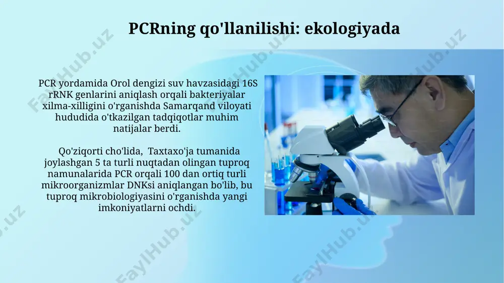 a dnk namunalarini tahlil qilish imkonini beradi. agaroz gel elektroforezining aniqligi va samaradorligi jelning konsentratsiyasi, elektroforez vaqti va kuchlanishi kabi omillarga bog'liq bo'lib, masalan, 2% li jel 500 bp fragmentlarni yaxshi ajrata oladi, bu esa toshkentdagi ilmiy markazlarda isbotlangan. termal siklining parametrlari pcrda 94-96°c da denaturasiyalash bosqichi 30 soniyadan 2 minutgacha davom etadi, bu esa ikki zanjirli dnkni ajratish uchun zarurdir va bu jarayon tezligi dnkning uzunligiga bog'liq. 72°c da polimerazaning faolligi yuqori bo'lib, bu temperaturada taq polimerazasi yangi dnk zanjirlarini sintez qiladi va bu jarayon uzunligi dnkning uzunligiga va polimerazaning tezligiga qarab 1-2 minut davom etadi. pcrning qo'llanilishi: genetikada pcr texnologiyasi genetik kasalliklarni diagnostikasi, masalan, oiv infektsiyasi yoki sil kasalligini aniqlashda, shuningdek, 5000 dan ortiq genetik kasalliklarni aniqlashda qo'llaniladi. genetik muhandislikda pcr, masalan, amerika qo'shma shtatlarida o'tkazilgan tadqiqotlarda, genlarni klonlash, mutatsiyalarni aniqlash va yangi genlarni yaratish kabi turli jarayonlarda muhim rol o'ynaydi. pcr va insoniyat taraqqiyoti pcr texnologiyasi yordamida …
