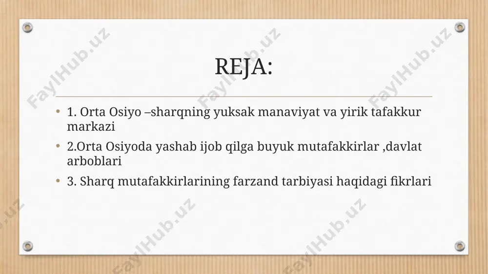 ». orta osiyoda tabiiy-ilmiy tafakkuri rivojining boshlanishi buyuk allomalar al-fargoniy va al-xorazmiylar nomi bilan bogliqdir. ularning har ikkovi ham bagdoddagi bayt-ul- hikmaning etakchi ilm sohiblaridan sanalgan yilda al-fargoniy tavalludining 1200 yilligi yurtimizda keng nishonlandi. uning vafoti 861 yildir. u mashhur falakkiyotshunos olim. uning asosiy asarlari astranomiya va astralyabiyaga kirish, falakdan boladigan sabablar, astralyabiya fani usullari, osmon harakatlari va yulduzlar ilmi va boshqalardir. fargoniyning sharq renessansi davri quyidagi umumiy xususiyatlarga ega: 1) madaniyat, dunyoviy fanlar va islom aqidashunoslikgining taraqqiyoti; 2) yunon, rum, fors, hind va boshqa madaniyatlar yutuqlariga suyanish; 3) astranomiya, matematika, minerologiya, jugrofiya, kimyo va boshqa tabiiy fanlar rivoji; 4) uslubda (metodologiya)- rastionalizm, mantiqning ustunligi; 5) insoniy dostlik, yuksak axloqiylikning targib etilishi; 6) falsafaning keng darajada rivoj topishi; 7) adabiyot, sheriyat, ritorikaning (notiqlik) keng rivoji; 8) bilimdonlikning qomusiy xarakterda ekanligi. bu davrga kelib, avvalo orta osiyo, eron, iroq va suriya ilmu-fan va madaniyatning yirik ochogiga aylandi. xorazm, buxoro, xirotda yirik …
