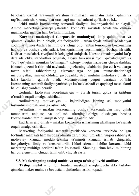rish quvvatidan to’liq foydalanish darajasini baholash ham muhim o’rin tutadi. marketing: qo’llaniladigan strategiyalar, bozor (katta-kichikligi, o’rni, raqobatchilar), xaridorlari, korxona imiji, korxona tovarlari, narxi, sotilishi va kommunikasiya siyosati, axborot bilan ta’minlanish holati va tashkil etilishi, o’zaro marketing munosabatlari, ichki marketing. hozirgi zamon muhim tahlil yo’nalishlaridan biri benchmarking (ing. benchmarking) –etalon deb qabul qilingan korxonalarga nisbatan o’zining marketing faoliyatini baholash usullaridir. moliyaviy-iqtisodiy potensial: korxona aktivlari, o’zining va qarzga olingan kapitali, kredit imkoniyatlari, kapital aylanish tezligi va likvidligi, mablag’ni rejalashtirish, yalpi daromad, foyda va undan foydalanish. korxona faoliyatining muhim ko’rsatkichlaridan biri uning rentabelligidir. u olinayotgan daromad ko’rsatkichining (sotuv hajmi, yalpi daromad, ishlab chiqarishga aylanma mablag’lar, asosiy fondlarning tannarxi va h.k.) nisbati bo’yicha hisoblanadi. xodimlar (personal) – tarkibi va malakasi, kasbiy va malakaviy darajasi, kadrlarni shakllantirish siyosati (rejalashtirish, tanlash va vaqtincha yollash, ishdan bo’shatish, qo’nimsizligi va h.k.), personal rivojlanishi (kasbiy yo’naltirish va qayta tayyorlash, attestasiya va baholash, xizmat jarayonida o’sishini ta’minlash), mehnatni tashkil qilish …