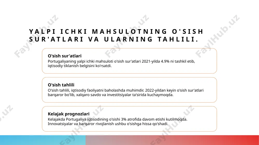 lanib, barqarorlikni ta'minlaydi va kelajakni umid bilan kutishga yordam beradi. 2 innovatsiyalar va texnologiyalar innovatsiyalar va yangi texnologiyalar portugaliya iqtisodiyotining rivojlanishida muhim rol o'ynaydi, raqobatbardoshlikni oshirib, iqtisodiy o'sishni rag'batlantiradi. 3 xalqaro savdo ahamiyati xalqaro savdo portugaliyaning iqtisodiy o'sishida muhim ahamiyatga ega bo'lib, yangi bozorlarni ochish va global raqobatbardoshlikni oshirish imkoniyatlarini yaratadi. foydalanilgan adabiyotlar 1. abdulloyev, a. m. iqtisodiy o'sish va uning ko'rsatkichlari: portugaliya misoli. o'zbekiston respublikasi ilmiy-tadqiqot instituti, 2021. 2. teshaboyev, s. o. xalqaro savdo va iqtisodiy rivojlanish: portugaliya va boshqa davlatlar. o‘zbekiston milliy universiteti, 2022. 3. karimov, b. m. yalpi ichki mahsulot va uning tahlili: portugaliya tajribasi. tashkent economics review, 2020. 4. raxmonov, k. s. iqtisodiy o'sish va xalqaro savdo: portugaliya misoli. o‘zbekiston respublikasi iqtisodiyot vazirligi, 2023. 5. murodov, d. a. iqtisodiy ko‘rsatkichlar va rivojlanish strategiyalari: portugaliya tajribasi. iqtisodiyot va innovatsiyalar jurnali, 2022. e'tiboringiz uchun rahmat! /docprops/thumbnail.jpeg