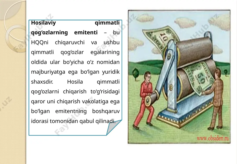 opsioni – bu uning ijro etilishiga kelishilgan sanagacha va kelishilgan bo‘lajak sanada istalgan yilda ruxsat etiladigan shartnomadir. opsionning ijro etishi baxosi – bazis aktivining opsion shartnomasida kelishilgan narxi. mukofot – xaridor tomonidan sotuvchiga opsion sertifikatidan ko‘chirmaga qarshi to‘lanadigan opsion narxi. ichki qiymat – shartnoma zudlik bilan sotilgan vaziyatda opsion egasi olishi mumkin bo‘lgan daromad. u bazis aktivining joriy narxi va shartnomada kelishilgan ijro narxi o‘rtasidagi farqning miqdoriga teng. opsionning majburiy rekvizitlari: ·nomi: "xarid qilish uchun opsion yoki "sotish uchun opsion". ·davlat ro‘yxatiga olingan sana va raqam. ·opsionni ro‘yxatdan chiqarish sanasi. ·opsion emitentining nomi, manzili va bank rekvizitlari. ·emitentning bazis aktivini sotish (xarid qilish opsioni uchun) yoki sotib olish (sotish opsioni uchun) majburiyati. ·opsionning amal qilish muddati yoki ijro etilish sanasi. ·bazis aktivi. ·emitentning imzosi va muhri. masala va grafik qimmatli qog‘ozlarga doir fyuchers (futures) - o‘zida nazarda tutilgan muddatda muayyan miqdordagi qimmatli qog‘ozlarni qat’iy belgilangan narxda sotib olish yoki sotish …