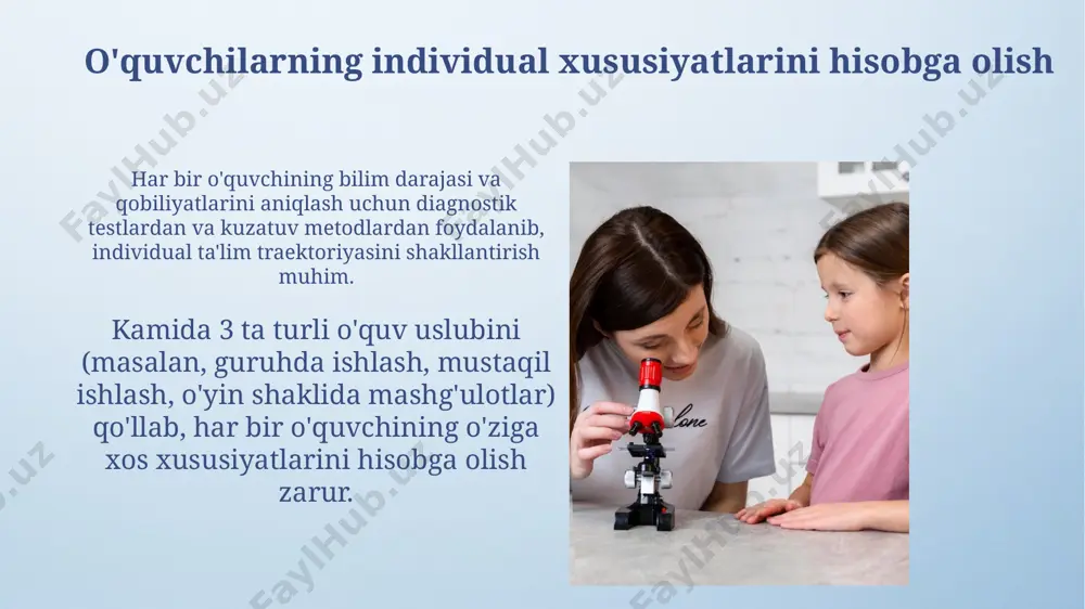 a tushunchalarni shakllantirishning bosqichlari tushunchaning shakllanishiga 5 ta omil ta'sir qiladi: o'qituvchining uslubi, o'quvchining oldingi bilimlari, o'quv materiallari, darsning tashkili va baholash tizimi. muvaffaqiyatli tushuncha shakllanishi uchun o'quvchilar kamida 7 ta turli manbadan ma'lumot olish imkoniyatiga ega bo'lishlari kerak. model va sxemalardan foydalanish o'quvchilarning 70% ga yaqini vizual ma'lumotlarni yaxshi qabul qiladi, shuning uchun model va sxemalar, xususan, hujayra tuzilishi yoki dnk replikatsiyasi kabi mavzularda, ta'lim samaradorligini oshiradi. interaktiv o'quv vositalari sifatida, 2 o'lchovli yoki 3 o'lchovli modellar, biologik tizimlarning dinamikasini ko'rsatib, o'quv jarayonini yanada qiziqarli va samarali qiladi, xususan, ekosistema modellari. ta'lim resurslaridan foydalanish ўқув жараёнида 5 тадан ортиқ турли таълим ресурсларини (китоблар, видеолар, онлайн платформалар) биргаликда қўллаш биологик тушунчаларнинг чуқурроқ англашилишига ҳисса қўшади. таълим ресурсларидан, хусусан, 3d-моделлар ва интерактив симуляциялардан фойдаланиш ўқувчиларга биологик тушунчаларни 2 баравар тезроқ ва самаралироқ ўзлаштириш имконини беради. e'tiboringiz uchun rahmat @taqdimot_robot image4.png image5.jpg image6.jpg image7.jpg image8.jpg image9.jpg image10.jpg image11.jpg image12.jpg image13.jpg image14.jpg image15.jpg …