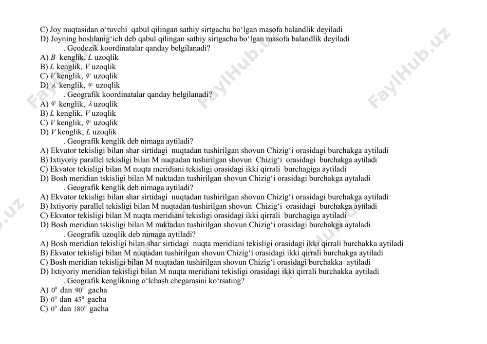 nuqtadan tushirilgan shovun chizig‘i orasidagi burchakga aytiladi b) ixtiyoriy parallel tekisligi bilan m nuqtadan tushirilgan shovun chizig‘i orasidagi burchakga aytiladi c) ekvator tekisligi bilan m nuqta meridiani tekisligi orasidagi ikki qirrali burchagiga aytiladi d) bosh meridian tskisligi bilan m nuktadan tushirilgan shovun chizig‘i orasidagi burchakga aytaladi . geografik uzoqlik deb nimaga aytiladi? a) bosh meridian tekisligi bilan shar sirtidagi nuqta meridiani tekisligi orasidagi ikki qirrali burchakka aytiladi b) ekvator tekisligi bilan m nuqtadan tushirilgan shovun chizig‘i orasidagi ikki qirrali burchakga aytiladi c) bosh meridian tekisligi bilan m nuqtadan tushirilgan shovun chizig‘i orasidagi burchakka aytiladi d) ixtiyoriy meridian tekisligi bilan m nuqta meridiani tekisligi orasidagi ikki qirrali burchakka aytiladi . geografik kenglikning o‘lchash chegarasini ko‘rsating? a) dan gacha b) dan gacha c) dan gacha d) dan gacha . geografik uzoqlikning o‘lchash chegarasini ko‘rsating? a) dan gacha b) dan gacha c) dan gacha d) dan gacha . chiziqlarni orientirlash deb nimaga aytiladi? …