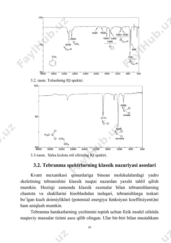 ng ma`lum yechimini qabul qilsak: bu yerdagi (lj - amplituda; ; - chastota; t - vaqt; - faza) qiymatlardan integral shaklidagi tenglamalar tizimini hosil qilamiz: yoki matritsali shakli: (f-t)l = 0 (3.3) l – qj-koordinata o`zgarishlari amplitudasining ustunli matritsasi. bu chiziqli tenglamalar bir jinsli tizimining amplituda lga nisbatan noodatiy yechimini aniqlash uchun uning aniqlovchisi nolga intilsa yetarli bo`ladi, ya`ni: f – t = 0 (3.4) har qanday normal tebranishlarni ifodalash uchun yangi birgina koordinata- (qk) ni kiritish yetarli bo`ladi; unda (3.4) tenglama quyidagi shaklga o`tadi: fl = tl barcha l(k) ustunlardan (k = 1,2, ... n) kvadrat matritsa (l) va barcha ildizlardan (k) diagonal matritsani () aniqlasak, to`la matritsali tenglama kelib chiqadi: fl = tl (3.5) amplitudalar l(k) yig`indisini ko`paytiruvchisi yordamida normallashtirsak: bulardan keyin l̃-tebranishlar shaklining to`liq matritsasi tuzilgach, normal koordinatalar chiziqli o`zgarishining matritsasi quyidagi ko`rinishga aylanadi: q = lq (3.6) l(k) normallashtirishdan keyingi (3.5) tenglamani keltirilgan matritsa (l̃) ga …