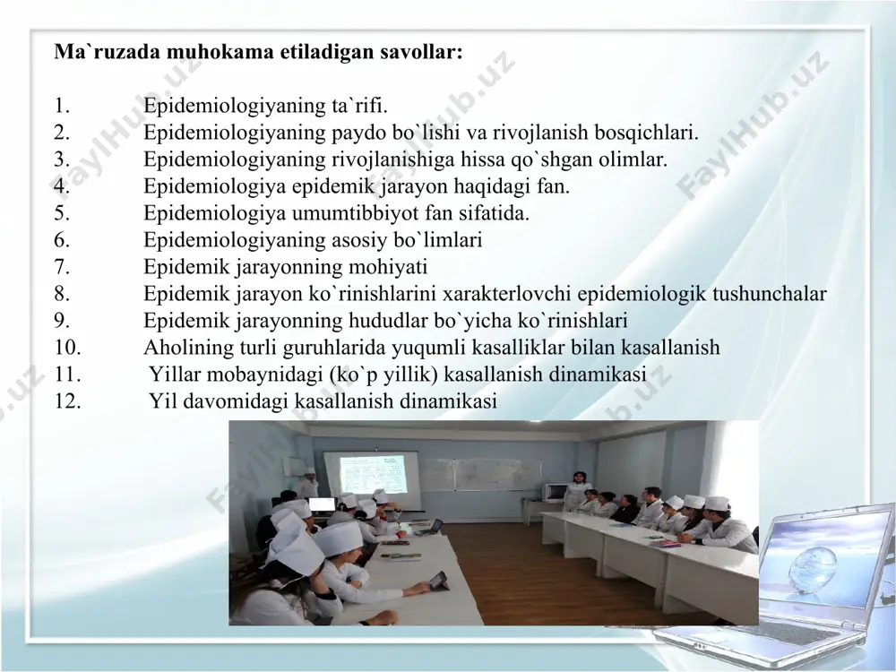 a ushbu kasalliklarning profilaktikasini, ya`ni oldini olish choralarini ishlab chiqadi. epidemik jarayon - bu parazit va inson organizmining populyatsiya darajasidagi o`zaro ta`siri natijasida, aholi o`rtasidagi yuqumli kasalliklar bilan kasallanishning turli jadallikdagi ifodalanishidir (belyakov v.d.). epidemik jarayon xaqidagi ta`limot epidemiologiyaning nazariy asosidir. epidemiologiyaning o`rganish ob`ekti epidemik jarayondir. epidemik jarayon yuzaga kelishi uchun o`zaro boqliq 3 ta zveno (bosqich) mavjudligi xamda ularning o`zaro ta`sir etib turishi shart. bular qo`zgatuvchi manbai, yuqish mexanizmi, moyil organizm (jamoa). kasallik qo`zgatuvchi manbai - bu qo`zgatuvchining tabiiy yashash muxiti yoki qo`zgatuvchi tabiiy ravishda bo`ladigan va ko`payadigan joy bo`lib, u erda qo`zgatuvchining tabiiy to`planish jarayoni kechadi, qamda u yoki bu yo`l bilan atrofdagilarga yuqadi. yuqish mexanizmi - bu qo`zgatuvchining zararlangan organizmdan boshqa soqlom organizmga o`tish usuli yoki jarayonidir. bu o`z navbatida 3 ta faza orqali amalga oshadi: 1) qo`zgatuvchining chiqish fazasi. 2) qo`zgatuvchining tashqi muqitda bo`lish fazasi. 3) qo`zgatuvchining kirish fazasi. 5 xil yuqish mexanizmi farqlanadi: fekal-oral. qo`zgatuvchi …