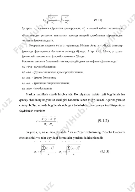 empirik chiziqlari regressiyalarni tenglama shakllarini tanlashda yordam ko‘rsatadi. jarayonlar qatorining bitta natijali ta’sirini to‘plamli korrelyatsion tahlil o‘rganadi. to‘plamli korrelyatsion tahlilning shart-sharoiti xuddi korrelyatsion tahlil singari bo‘ladi. odatda to‘plamli korrelyatsiya bevosita to‘plamli regression tahlil bilan bevosita aloqada tahlil qilinadi. to‘plamli regressiya tenglamasi oddiy masshtab, ya’ni regressiya tenglamalariga kiruvchi o‘zgaruvchi bir maromdagi normal va normallashgan masshtabda yoki qiyoslash birligida ifodalangan o‘zgaruvchilar shaklida tuzilishi mumkin. regressiya tenglamasi sifatida ko‘pincha chiziqli: ushbu tenglama parametrlari odatda eng kichik kvadratlar usuli bilan aniqlanadi. umumiy holda normal tenglamalar tizimi quyidagicha ifodalanadi: to‘plamli regressiyalar chizig‘idan natijaviy ko‘rsatkich qiymati qanchalik kam darajada chetlansa, ma’lum intervalda absolyut qiymat bo‘yicha ahamiyatga ega bo‘lgan korrelyatsiya koeffitsiyenti katta qiymatga ega bo‘lishiga bog‘liq bo‘ladi. to‘plamli korrelyatsiya koeffitsiyenti quyidagi oraliqda o‘zgaradi: agar korrelyatsion model faqat ikki omil ko‘rsatkichlariga ega bo‘lsa, u holda to‘plamli korrelyatsiya koeffitsiyenti korrelyatsiyaning juft koeffitsiyentlaridan hosil qilish mumkin: to‘plamli korrelyatsiya koeffitsiyentining o‘rtacha kvadratik xatolarga munosabati t mezoni qiymati bilan aniqlanadi. omillarning xususiy …