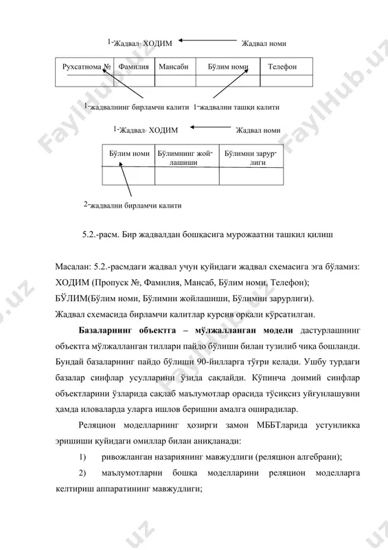 бўлган дастурлар билан бажарилади. тизимли дастурлар фойдаланувчиларга осон бўлмаганлиги сабабли, бундай хатоларни, маълумотларни тасдиқлаш оператсиялари орқалигина аниқлаш мумкин. бу турли ҳил ахборот тузилмаларини самарали таъминлайдиган тизимларни лойиҳалашни қийинлаштиради. бу қийинчиликларни енгиш учун замонавий мббтлар қуйидаги талаблар жавоб бериши лозим: · маълумотларнинг мустақиллиги; · талабларнинг кучли тили; · жавоб (садо бериш)нинг қисқа вақти; · маълумотлар ва каталогларни қайта ташкил этишни қисқартириш ёки улардан воз кечиш. маълумотларнинг мустақиллиги маълумотларнинг мустақиллиги - мббтга асосий талаб, талабларнинг кучли тили эса фойдаланувчининг талабларини қондиришнинг муҳим шартидир. бу тиллар ассотсиатив манзиллаштириш ва маълумотлар тўплами билан амаллар бажариш воситаларига эга. бу эса ўз навбатида эҳмлардан самарали фойдаланишга шароит яратади. маълумотлар базасини бошқариш тизими. бу қуйидагиларга имкон берувчи дастурий воситаларнинг тўпламидир. а) фойдаланувчиларни маълумотларни аниқлаш ва амаллар бажариш тили воситалари билан таъминлайди. бундай воситаларга маълумотларни аниқлаш тили (мат) ва маълумотлар билан амаллар бажариш(мабт) киради. маълумотлар тили атамаси айтиб ўтилганларининг ҳар иккаласини ёки улардан бирини англатади. маълумотлар сўзи маълумотлар …