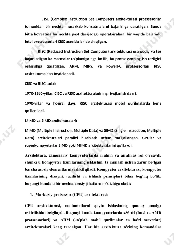 kabi zamonaviy saqlash qurilmalari, yuqori tezlikda ma'lumotlarni saqlash imkonini beradi. arxitektura bu qurilmalarning tizimga integratsiyasini boshqaradi, bu esa ma'lumotlarni tezkor o'qish va yozishni ta'minlaydi. umuman olganda, zamonaviy kompyuter arxitekturasi kompyuterlarning umumiy ishlashini, samaradorligini va quvvatni boshqarishni optimallashtirishga, shu bilan birga, yangi texnologiyalarni (sun'iy intellekt, ma'lumotlar bazalari, virtualizatsiya) qo'llashga imkon beradi. arxitektura tizimning butunligini, samaradorligini va o'zaro aloqalarini ta'minlashda muhim rol o'ynaydi. bugungi kunda kompyuter arxitekturasi sohasida bir nechta zamonaviy va ilg'or texnologiyalar va dizaynlar mavjud. ular nafaqat cpu va gpu'larning ishlashini yaxshilash, balki sun'iy intellekt (ai), paralel hisoblash, va bulutli texnologiyalar kabi sohalarda ham yangi imkoniyatlar yaratmoqda. quyida eng zamonaviy kompyuter arxitekturalarini ko'rib chiqamiz: 1. arm arxitekturasi arm — bu keng tarqalgan kompyuter arxitekturasi bo'lib, asosan mobil qurilmalar, iot (internet of things), va energiya samaradorligini talab qiluvchi tizimlarda ishlatiladi. arm v9 arxitekturasi 2021 yilda e'lon qilindi va ko'plab yangiliklarga ega, jumladan: dasturiy ta'minotni xavfsiz ishlashini ta'minlash: arm v9 xavfsizlikni yaxshilashga …