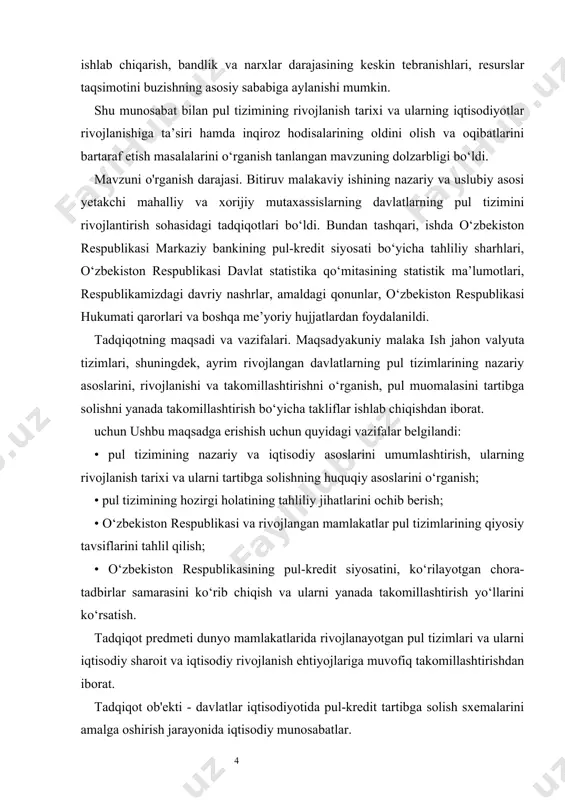 iyotning ishlashiga yordam beradigan vositadan ham ko'proqdir. pul tizimi – mamlakatda pul muomalasini tashkil etishning davlat tomonidan shakllantirilgan, tarixan rivojlangan va milliy qonunchilikda mustahkamlangan shaklidir. davlatimiz rahbari vazirlar mahkamasining 2012-yilda ijtimoiy-iqtisodiy rivojlantirishning ustuvor yo‘nalishlariga bag‘ishlangan yakuniy yig‘ilishda so‘zlagan nutqida moliya-bank tizimi faoliyatining ijobiy natijalarini ta’kidladi: “bir necha yillar davomida barqaror byudjet profitsiti, rasmiy zaxiralarning yuqori darajasi, davlat qarzining pastligi, barqaror bank tizimi va to‘g‘ridan-to‘g‘ri jahon bozoridagi to‘g‘ridan-to‘g‘ri davlat qarzlari ta’siridan himoyalangan. inqiroz…”[footnoteref:0]. [0: ] pul tizimi - bu ma'lum bir mamlakatda qonun bilan mustahkamlangan va pul muomalasining turli elementlarini ma'lum bir birlikka olib kelishini ta'minlaydigan pul muomalasi tizimi. pul tizimi quyidagilarni o'z ichiga oladi: 1) valyuta metalli; 2) pul birligi; 3) tangalarni zarb qilish tartibi; 4) qiymat belgilarining aylanish tartibi. pul tizimining asosini u yoki bu qimmatbaho metallar tashkil etadi. valyuta metali - bu ma'lum bir mamlakatda universal ekvivalent rolini o'ynaydigan va uning butun pul muomalasi asosidagi qimmatbaho metaldir. valyuta …