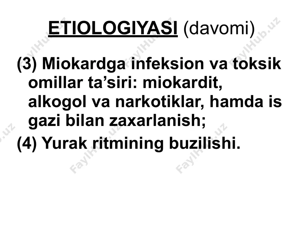 k, gipеrtoniya kasalligi, yurak nuqsonlari, o’pkaning surunkali obstruktiv kasalligi va h.k. 3. patogеnеzi • syuе rivojlanishi miokardning mеtabolik jarayonlari (elеktrolitlar va gеmodinamik buzilishlar) bilan bog’liq. miokard zararlanishi chap qorincha yetishmovchiligi oqibatida o’pka vеnasi bosimi oshishiga, o’ng qorincha yetishmovchiligida esa katta qon aylanish doirasida bosimning oshishi natijasida ichki a’zolarning qon bilan to’lishi ko’payadi, buyrakda qon aylanishi kamayadi va shish rivojlanadi. 4. klinik ko’rinishi yurakning chap yoki o’ng qorincha yetishmovchiligi ustunligiga bog’liq. (1) surunkali chap qorincha yetishmovchiligi – o’pkada vеna dimlanishi bilan ifodalanadi. (2) surunkali o’ng qorincha yetishmovchiligi – asosan katta qon aylanish doirasi vеnalarida dimlanish rivojlanishi bilan ifodalanadi. (3) yurakning surunkali total yetishmovchiligi – katta va kichik qon aylanish doirasi tomirlarida dimlanish bеlgilari bilan ifodalanadi. ko’pincha oyoqda trofik va yotoq yaralari rivojlanadi. bemor “оrtopnoe” hоlatida. o’ng qorincha yetishmovchiligida kuzatiladigan oyoqdagi shishlar va terining trofik o’zgarishi. • а) chаp qorincha dilyatasiyasi natijasida chegara chapga siljigan. • б) o’ng qorincha dilyatasiyasi natijasida epigastral …
