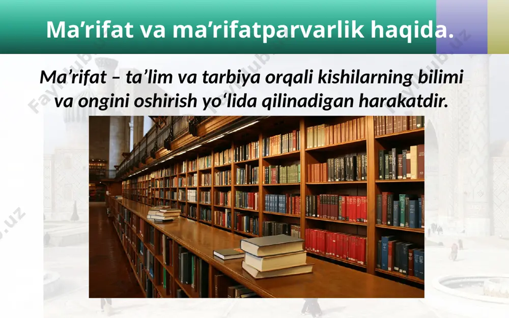 ahamiyatini yaxshi tushunganligi uchun toshkentda shunday maktab ochdi. o‘zi ona tili va adabiyotdan dars berdi. o‘quvchilar uchun «birinchi muallim», «ikkinchi muallim», «turkiy guliston yoxud axloq» kabi darsliklar (o‘qish kitoblari) yaratdi. munavvar qori abdurashidxonov. munavvar qori abdurashidxonov 1878-yilda toshkentda ziyoli oilasida tug‘ildi. 1901-yilda toshkentda yangi usul maktabini ochdi. munavvar qori abdurashidxonov yangi usul maktablari uchun «tovush chiqarib o‘qish usuli», «o‘qish kitobi», «yer yuzi» (geografiya) kabi darsliklar yozdi. munavvarqori bora-bora turkiston jadidlar harakatining yo‘lboshchisiga aylandi. ozodlik uchun kurashganlar nomi va xotirasi barhayot. vatan ozodligi yo‘lida halok bo‘lganlarning nomi hech qachon unutilmaydi. o‘zbekiston mustaqillikka erishgach ularning qutlug‘ nomlari, sha’nlari to‘la tiklandi. «qatag‘on qurbonlari xotirasi» muzeyi image2.jpg image3.png image4.jpeg image5.jpeg image6.jpeg image7.jpeg image8.jpeg image9.jpeg image10.jpeg image11.jpeg image12.jpeg image13.jpeg image14.jpeg image15.jpeg image16.jpeg image1.jpg