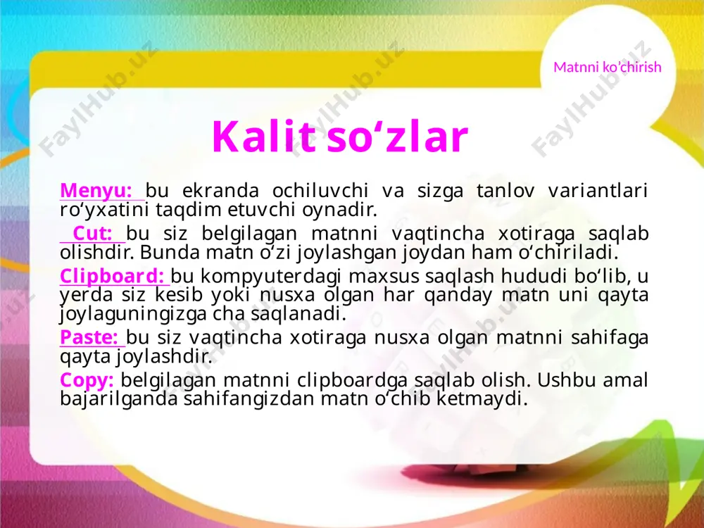 tndan clipboardga nusxa oladi. shundan so‘ng siz matnni xohlagan joyga joylashingiz mumkin. matnni ko’chirish mavzuni mustahkamlash uchun amaliy mashg’ulot. 3.1-mashg‘ulot hujjatingizda joylashgan “qiziqarli” soʻzini harfma-harf oʻchiring va uning oʻrniga “hayajonli” soʻzini kiriting. 3.2-mashg‘ulot hujjatingizda joylashgan “qiziqarli” soʻzini harfma-harf oʻchiring va uning oʻrniga “hayajonli” soʻzini kiriting. hujjatingizdan “foydali” soʻzini to‘liq belgilab oʻchiring va uning oʻrniga “yaroqli” soʻzini kiriting 3.3-mashg‘ulot hujjatingizning oxiriga quyidagi gapni kiriting: men bu gapni matn bilan ishlash ko‘nikmamni namoyish etish uchun ko‘chiraman. yangi hosil qilgan gapingizni hujjatning boshiga koʻchiring. 3.4-mashg‘ulot hujjatingizning oxiriga quyidagi gapni kiriting: men bu gapdan nusxa olib, hujjatimning boshiga joylamoqchiman. yangi hosil qilgan gapingizdan nusxa olib, hujjatning boshiga joylang. e’tiboringiz uchun rahmat! image3.png image4.png image5.png image1.jpeg image2.jpeg /docprops/thumbnail.jpeg
