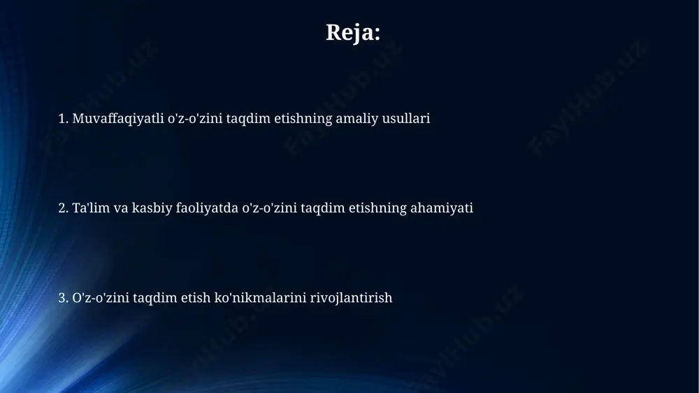 z-o'zini baholashni o'tkazib, 5 ta kuchli va 3 ta zaif tomonlarni aniqlash, rivojlanish strategiyasini optimallashtirishga yordam beradi. stressni boshqarish kognitiv xulq-atvor terapiyasi (kkt) stressni boshqarishda ancha samarali, 80% dan ortiq ishtirokchilar kkt yordamida stress darajasini sezilarli darajada pasaytirishganini qayd etgan. stressni boshqarishning samarali usullaridan biri – kuniga kamida 30 daqiqa jismoniy mashqlar bajarish, bu endorfinlar ishlab chiqarishni va umumiy kayfiyatni yaxshilashga yordam beradi. o'z-o'zini taqdim etishning ahamiyati ishga qabul qilish jarayonida 3 dan ortiq nomzodlar orasida ajralib turish uchun, o'z kuchli tomonlaringizni aniq va qisqa muddat ichida taqdim eta olishingiz zarur. o'z-o'zini taqdim etish, muvaffaqiyatning 70%ini tashkil etadigan birinchi taassurotni shakllantirishda muhim rol o'ynaydi, shuning uchun professional va o'quv muhitlarida samaradorlikni oshiradi. onlayn taqdimotlar onlayn taqdimotlarda 70% muvaffaqiyat auditoriya bilan vizual aloqaga, ya'ni tasvirlar, animatsiya va interaktiv elementlardan foydalanishga bog'liq. onlayn taqdimotning samaradorligini oshirish uchun taqdimotning 10% gachasini savollarga va auditoriya bilan muloqotga ajratish maqsadga muvofiqdir. savol-javoblarga tayyorgarlik savol-javoblarga tayyorgarlik …