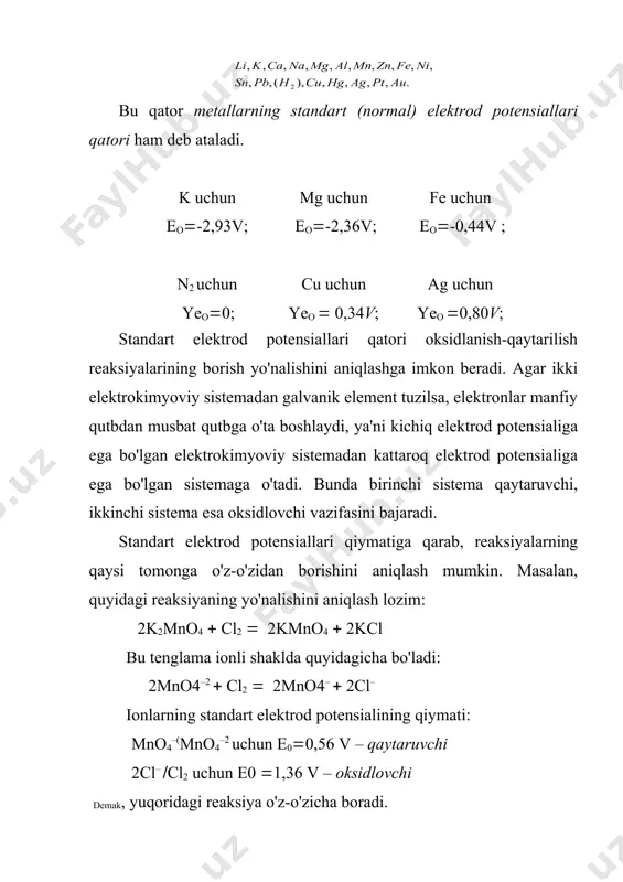 lektrolitlar ishtirokida rux bilan temir hosil qilgan galvanik elementda rux – anod, temir – katod vazifasini bajaradi. metallar korroziyasini oldini olish. metallarni korroziyadan saqlashuchun bir necha choralar qo'llaniladi: a) metall sirtini boshqa metallar bilan qoplash; b) metall sirtini metall bo'lmagan moddalar bilan qoplash; v) metallarga turli qo'shimchalar kiritish; g) metall sirtini kimyoviy birikmalar bilan qoplash. metall sirtini boshqa metallar bilan qoplash. metall sirtini boshqa metallar bilan qoplash usullaridan biri anod qoplash hisoblanadi. bu maqsadda ishlatiladigan metallning standart elektrod potensiali metallarning aktivlik qatorida korroziyadan saqlanishi kerak bo'lgan metallnikiga qaraganda manfiy qiymatga ega bo'lishi lozim. masalan, temirni rux bilan qoplash (anod qoplash) nihoyatda katta foyda keltiradi, chunki temir buyum uning sirtini qoplagan ruxning hammasi tugamaguncha yemirilmaydi. temirni qalay bilan qoplanganda katod qoplama olinadi, chunki qoplovchi metall qoplanuvchi metallga nisbatan aslroq. katod qoplamaning biror joyi ko'chsa, himoya qilinuvchi metall, ya'ni temir juda tez yemiriladi. metall sirtini metall bo'lmagan moddalar bilan qoplash. metallarning sirtini …