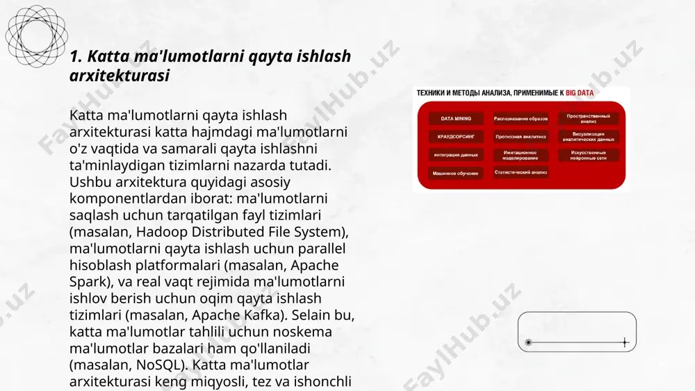 minlaydi, chunki ular juda katta hajmdagi (petabaytga cha) strukturalangan va ularni tezkor qidirish imkonini beradi. ma'lumotlar omborlari biznes-razvedka (bi), analitika va qaror qabul qilarni hud(dastur) bilan ta'minlaydi. ... t.me/slaydai_bot ma'lumotlar oqimi (data stream) tezkor va uzluksiz ma'lumotlarning shakllanishi va qayta ishlanishini anglatadi. ushbu texnologiya real-vaqtda tahlil bilan birga ishlaydi, bu esa ma'lumotlarning darhol baholanishini ta'minlaydi. misol uchun, har soniyada yuzlab yoki minglab yozuvlar kelib tushadigan tarmoq jurnalini kuzatish. real-vaqtda tahlil qilish uchun apache kafka, flink yoki spark streaming kabi vositalar qo'llaniladi. yirik kompaniyalar, masalan google va facebook, kuniga milliarddan ortiq ma'lumot oqimlarini boshqaradilar. ushbu texnologiyalar moliyaviy bozorlarda, elektron tijorat va sog'liqni saqlash sohalarida faol qo'llaniladi. real-vaqtda ma'lumotlar oqimini tahlil qilish bilan muhim qarorlarni tez va to'g'ri qabul qilish mumkin. ... t.me/slaydai_bot 7. nosql ma'lumotlar bazalari nosql ma'lumotlar bazalari strukturalanmagan yoki qisman strukturalangan ma'lumotlarni saqlash uchun mo'ljallangan. ular an'anaviy sql ma'lumotlar bazalariga nisbatan moslashuvchanlik va kengaytiriluvchanlikni ta'minlaydi. nosql to'rtta asosiy turiga …