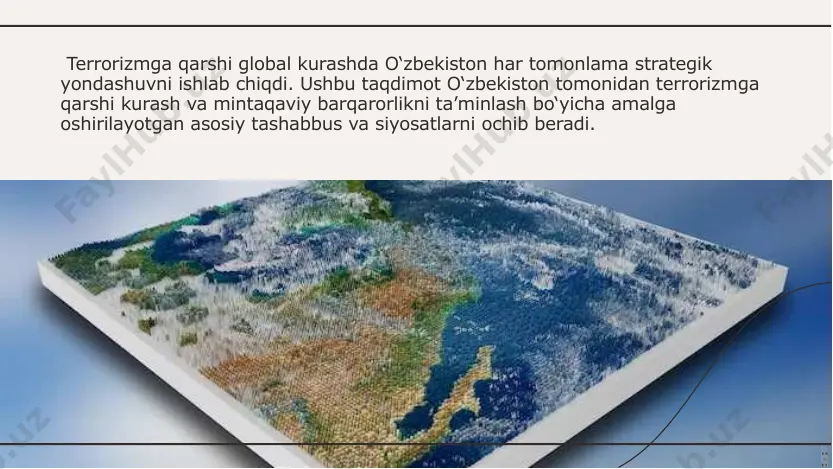 sh, jamiyatda hamjihatlik va barqarorlikni mustahkamlash borasida ish olib boradi. raqamli asrda kiberxavfsizlik o'zbekistonning terrorizmga qarshi strategiyasining muhim tarkibiy qismi hisoblanadi. mamlakatda onlayn radikallashuvning oldini olish, terrorizmni moliyalashtirishni to‘xtatish va kibertahdidlarga qarshi kurashish, raqamli infratuzilma xavfsizligini ta’minlash bo‘yicha kuchli kiberxavfsizlik choralari ko‘rildi. kiberxavfsizlik choralari o‘zbekistonning terrorizmga qarshi kurashdagi strategik yondashuvi qonunchilik, razvedka, xalqaro hamkorlik, hamjamiyat ishtiroki va kiberxavfsizlik choralarini o‘z ichiga olgan ko‘p qirrali asosni o‘z ichiga oladi. terrorizmning murakkab muammolarini hal qilish orqali o‘zbekiston mintaqaviy va global xavfsizlikni ta’minlash tarafdori. xulosa image1.jpg image2.png image3.png image4.png image5.png image6.png image7.png image8.png image9.png image10.jpg image11.png image12.jpg image13.png image14.png image15.png image16.jpg