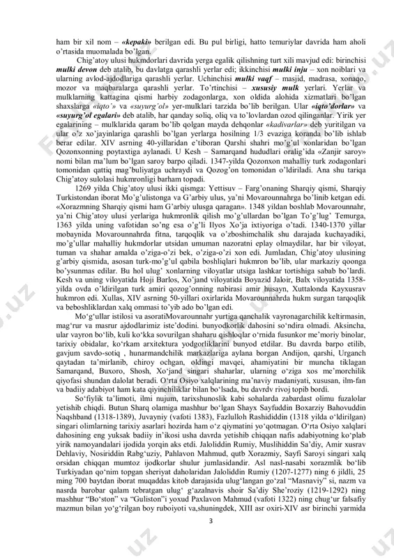 ar o’rtasida qattiq va shiddatli jang bo’ladi. bu jangda mo’g’ullardan 10 ming kishi o’ldiriladi. ammo qo’zg’olonchilarning rahbari mahmud torobiy va shamsiddin mahbubiylar ham jangda halok bo’ladilar. bu qo’zg’olon istiqboli uchun katta yo’qotish edi. mahmud torobiyning ukalari muhammad va ali qo’zg’olonga rahbarlikni o’z 2 qo’llariga olgan bo’lsalar-da, ular yoshlik va tajribasizlik qiladilar. xo’janddan yetib kelgan mahmud yalavoch qo’zg’olonni shafqatsizlik bilan bostiradi va uning qatnashchilaridan ayovsiz o’ch oladi. qo’zg’olon ishtirokchilaridan 20 ming kishi qirib tashlanadi. buxoro va uning atroflarida yana mo’g’ullarning chig’atoy ulusi hukmronligi tiklanadi. ammo qo’zg’olon xalq ommasining kelgindi bosqinchilar zulmidan sabr kosasi to’lib-toshganligini ko’rsatadi. bu qo’zg’olon xalq ommasining bir yoqadan bosh chiqarib hamjihatlik bilan kurashga otlansa, mo’g’ullarni vatan tuprog’idan haydab chiqarib, o’z ozodligi va mustaqilligini qo’lga kiritishi mumkin ekanligini aniq-ravshan namoyon etadi. xullas, 1251 yilda qoraqurumda chaqirilgan qurultoy chin-giziylar o’rtasidagi ziddiyatlarni biryoqlik qilishi kerak edi. unda chig’atoy va o’qtoy avlodlari fitna uyushtirishda ayblanib qo’lga olinadilar. qurultoydan so’ng ularning qarindosh-urug’laridan 77 …