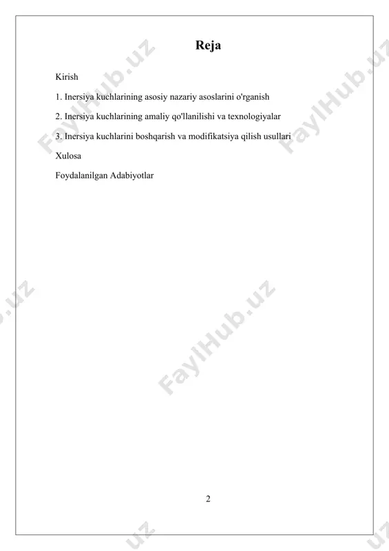 avfsizlikni oshirish, energiya samaradorligini yaxshilash va yangi texnologiyalarni rivojlantirish imkonini beradi. bu sohada olib borilayotgan tadqiqotlar nafaqat nazariy jihatdan, balki amaliy qo‘llanma va texnologik innovatsiyalar uchun mustahkam asos bo‘lib xizmat qiladi. i. inersiya kuchlarining asosiy nazariy asoslarini o'rganish inersiya kuchlari yoki inersiya ta'siri, fizikada nyutonning birinchi qonuniga asoslangan bo‘lib, harakatda yoki statik holatda bo‘lgan jismning holatini o‘zgartirish uchun kuch ta'siri zarurligini anglatadi. bu kuchlar tabiiy jarayonlarning asosiy elementlari bo‘lib, ularning tushunilishi mexanika va boshqa fizik sohalarda muhim ahamiyatga ega. inersiya kuchlari, aslida, jismning inersiyasi bilan bog‘liq bo‘lib, ularning miqdori yoki kuchi jismning massasi bilan bevosita bog‘liqdir. bu yerda inersiya kuchlari jismning harakat yoki turg‘un holatdagi o‘zgarishini oldini oladi va ularni harakatda yoki statik holatda saqlashga harakat qiladigan kuchlardir. inersiya kuchlarini tushunish uchun, avvalo, uning nazariy asoslarini bilish muhimdir. nyutonning birinchi qonuni, ya’ni inersiya qonuni, shunday deydi: agar tashqi kuchlar ta’sir qilmasa, jism o‘zining harakat holatini yoki holatni saqlab qoladi. bu …