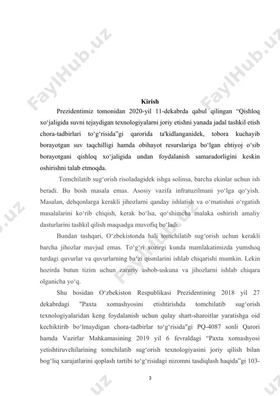 ma’lumotlarga ko‘ra, bir sentner paxta hosili olish uchun tomchilatib sug‘orish tizimida egat orqali sug‘orishga nisbatan 1,8-1,9 marta kam suv beriladi. tomchilatib sug‘orish orqali ekinning ildiz tizimi normal shakllanadi va dalani bir tekisda namlashga erishiladi. dala qator oralariga ishlov berishga sarflanadigan sarf-xarajat kamayadi. kurs ishing maqsad vazifalari: o‘zbekiston respublikasining sug‘orilmaydigan zahira еr maydonlarini sug‘oriladigan еr maydonlariga qo‘shish, kam sarf xisobiga ko‘p daromad olish, irrigatsiya va melioratsiya tizimlarini to‘g‘ri yo‘lga qo‘yish, eng yaxshi innovatsion sug‘orish usulini tanlash, tomchilatib sug‘orish texnologiyasini eng yuqori darajada respublikada joriy qilish masalalarini o‘rganish va chuqur tahlil qilish. tomchilatib sug‘orish texnologiyasini boshqa sug‘orish usullari va tizimlariga nisbatan unumli va samarali ekanligini isbotlash tahlillar qilish. asosiy qism: (tomchilatib sug‘orish texnologiyasiga innovatsion texnologiyadan foydalanish). uzoq qadimdan sharq mamlakatlarida daraxtlarni sug‘orishda dehqonlar turli suv tejovchi usullarni qo‘llab kelishgan. ularning orasida suvni to‘g‘ridan-to‘g‘ri daraxtning ildiz qismiga etkazib berish doimo ahamiyatli bo‘lib kelgan. buning uchun, asosan daraxtning ildizi yaqinida tuproqqa ko‘milgan sopol xumchalardan …