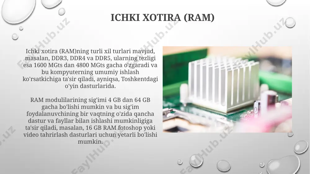 ndartlarini qo‘llab-quvvatlaydi, bu esa ma’lumotlarni tezroq uzatish imkonini beradi, masalan, 100mb/s tezlikda. usb flesh-xotiralarining sig‘imi 8gb dan 2tb gacha farq qiladi va ularning narxi hajmi va ishlab chiqaruvchiga (masalan, sandisk, kingston, transcend) bog‘liq holda o‘zgaradi. xotira qurilmalari ishlash muddati xotira qurilmalarining ishlash muddatiga ta'sir etuvchi omillar orasida harorat, namlik va mexanik ta'sirlar mavjud. masalan, 40°c dan yuqori haroratda ishlash, qurilmaning ishlash muddatini sezilarli darajada qisqartiradi. aqshda o'tkazilgan tadqiqotlar buni tasdiqlaydi. flash-xotira asosidagi qurilmalar (masalan, usb fleshkalar) o'rtacha 10000 dan 100000 gacha yozuv-o'qish sikliga bardosh bera oladi. biroq, bu ko'rsatkich, xotira qurilmasining sifati va turkumiga bog'liq ravishda, toshkent shahridagi do'konlarda sotiladigan mahsulotlarda farq qilishi mumkin. e'tiboringiz uchun rahmat @taqdimot_robot image3.png image4.jpg image5.jpg image6.jpg image7.jpg image8.jpg image9.jpg image10.jpg image11.jpg image12.jpg image13.jpg image14.jpg image15.jpg image16.jpg image17.jpg image1.png
