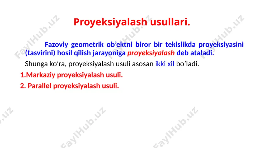 burchakli yoki ortogonal proyeksiyalash usuli deb ataladi α a b p ap bp ap bp a b s p nuqtaning ortogonal proyeksiyalari. g. monj usuli. nuqtani ikki tekislikdagi proyeksiyalari. yaqqol tasvir tekis chizma ( epyur) h-gorizontal proyeksiyalar tekisligi; v-frontal proyeksiyalar tekisligi; h ⊥ v; h ∩ v = [ox)-koordinata o‘qi; a-fazoda joylashgan nuqta; a’-fazodagi a nuqtaning gorizontal proyeksiyasi; a”- fazodagi a nuqtaning frontal proyeksiyasi; ax - a nuqtaning [ox)-o‘qidagi proyeksiyasi. v x o h h a” a a’ a’ ax v x o h a” a’ ax nuqtani o’zaro perpendikulyar bo’lgan uchta tekislikka proyeksiyalash. h va v tekisliklarga perpendikulyar bo’lgan uchinchi w – profil proyeksiyalar tekisligini o’tkazamiz. fazodagi a nuqta orqali uchchala tekisliklarga perpendikulyar qilib chiziqlar (nurlar) o’tkazamiz. ular h,v, w tekisliklari bilan kesishib a nuqtaning a' – gorizontal, a'' – frontal va a''' – profil proyeksiyalarini hosil qiladi. h va w tekisliklarni v – tekisligi bilan jipslashtiramiz. natijada a …
