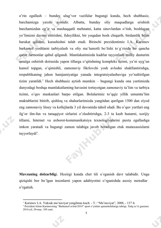 vzuning dolzarbligi. hozirgi kunda chet tili o`rganish davr talabidir. unga qiziqishi bor bo`lgan insonlarni yapon adabiyotini o’rganishda asosiy metodlar o’rgatish. mavzuning o’rganilganlik darajasi. yapon tilidagi estetik risolalar serqirra hodisa hisoblanadi. bu masala xususida yapon va jahon tilshunoslari ko’plab izlanishlar olib borishgan. mashhur yaponshunoslar mashhur asar va ertaklarni turli xil jihatlarini o’rganib chiqishgan. kurs ishining maqsadi. kurs ishining asosiy maqsadi yapon estetik risolalarini o`rganishda mootori norinaganing asosiy o`rni bilish. kurs ishining predmeti. ushbu kurs ishining predmeti sifatida yapon tili darsliklari, shu o’rinda, mootori norinaganing estetik risolalarga bergan sharhi ko’nikmalari haqida metodik qo’llanmalar kiradi. kurs ishining o’rganish obyekti. ushbu kurs ishida yapon adabiyoti alohida e’tibor qaratilinadi. o’rganilish obyekti sifatida yapon millatiga mansub qadimiy asarlarni kiritamiz. i.bob. yapon adabiyoti haqida 1.1. mootori norinaganing hayoti va ijodi motoori norinaga (yaponcha: 21 yil 1730 iyun – 5 yil 1801 noyabr) tokugava syogunati davrida yapon klassiklari, faylasufi va shoiri bo'yicha olim bo'lgan. u yapon madaniyati va …