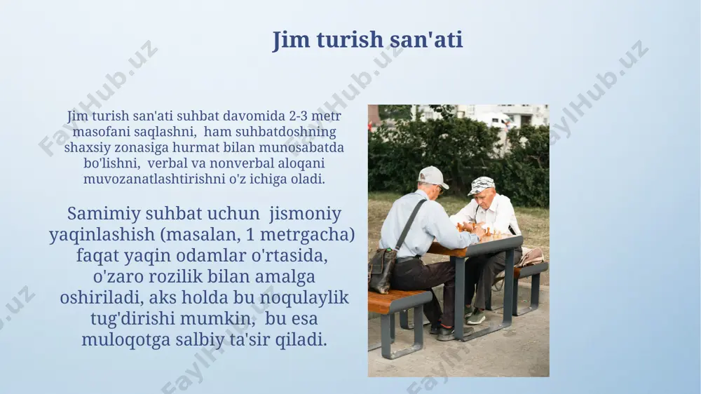 apirishga majburlamang, navbat bilan so‘zlashish madaniyatini rioya qiling. muloqotda hurmat nutqingizda "siz" yoki "sizlar" kabi hurmatli murojaatlarni ishlatish, shuningdek suhbat davomida kamida 3 marta minnatdorchilik bildirish odob-axloqning muhim qismi hisoblanadi. muloqotda suhbatdoshingizning fikrlariga 2-3 minutdan kam bo'lmagan vaqt ajratish, uni diqqat bilan tinglash va 5-7 sekunddan keyin javob berish hurmat belgisi hisoblanadi. gapirish tezligi va ohangi gapirish tezligi suhbatdoshingizning tushunish tezligiga mos kelishi kerak, ideal holatda daqiqada 120-150 so'z oralig'ida bo'lishi tavsiya etiladi. ohangning monotonligi zerikarli taassurot qoldiradi, shuning uchun his-tuyg'ularni ifoda etish uchun ohangni o'zgartirish, 20% dan ortiq balandlik o'zgarishi samarali. e'tiboringiz uchun rahmat @taqdimot_robot image4.png image5.jpg image6.jpg image7.jpg image8.jpg image9.jpg image10.jpg image11.jpg image12.jpg image13.jpg image14.jpg image15.jpg image16.jpg image3.jpeg