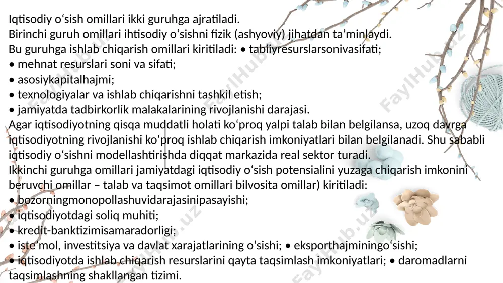 cha mahsulot) bilan belgilanadi 6 texnologik taraqqiyotning iqtisodiy o‘sishga ta’siri. felpsning «oltin qoidasi». iqtisodiy o‘sishning investitsiyalar va bandlar sonining oshishidan keyingi uchinchi manbasi bo‘lib, texnologik taraqqiyot hisoblanadi. neoklassik nazariyada texnik (texnologik) taraqqiyot deganda ishlab chiqarishning mashinalashtirilishi emas, balki, ishlab chiqarishdagi sifat o‘zgarishlari (ishchilarning ma’lumot darajalari va malakalarining o‘sishi, ishlab chiqarishni tashkil qilishning yaxshilanishi, ishlab chiqarish ko‘lamining kengayishi) tushuniladi. modelga texnologik taraqqiyotning kiritilishi ishlab chiqarish funksiyasini o‘zgartirib, u quyidagi ko‘rinishga ega bo‘ladi: 𝑌 = 𝑓(𝐾, 𝐿 × 𝐸) bu yerda(e)- mehnat birligi samaradorligi (ishchi kuchining salomatligi, ma’lumoti va malakasiga bog‘liq): (l×e) - doimiy samaradorlik e ga ega shartli mehnat birliklari soni. e qanchalik katta bo‘lsa, mavjud ishchilar soni bilan shuncha ko‘p mahsulot ishlab chiqarilishi mumkin. 7 texnologik taraqqiyotning barqaror muvozanatga ta’siri (k1*) ning barqaror (qat’iy) holatida texnologik taraqqiyot mavjud bo‘lgan sharoitda kapital hajmi (k) va ishlab chiqarish (y) (n+g) sur’at bilan o‘sadi. bir ishchi hisobiga to‘g‘ri keladagan kapital bilan qurollanganlik (k/ …
