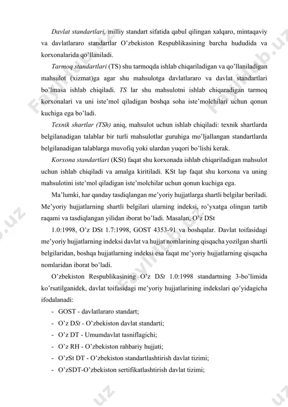 ; · o’zsdt-o’zbekiston sertifikatlashtirish davlat tizimi; · o’zo'dt-o’zbekiston o’lchashlar birligini ta’minlash davlat tizimi; - o'zat - o’zbekiston akkreditlash tizimi. tarmoq, toifasidagi meyoriy hujjatlar indeksi: · tst - tarmoq standarti; · tt – tarmoq tasniflagichi; - rh - rahbariy hujjat; - t - tavsiyanoma. ma’muriy-hududiy toifadagi meyoriy hujjatlar indeksi: · mn st - ma’muriy hududiy standart; - kst - korxona standarti; - tsh - texnik shartlar. boshqa hujjatlarning qisqa shartli ifodalanishi: · knt - konstruktorlik hujjatlarning yagona tizimi; · tnt - texnologik hujjatlarning yagona tizimi; · mst - mahsulotni sinash tizimi; · nvt - hujjatlarni birxillashtirish tizimi; · nkat-nashriyot,kutubxona va axborot ishlari bo’yicha standartlar tizimi; - tr - texnik puxtaligi; · muat - mahsulotni yaratish va ishlab chiqarishni tashkil qilish tizimi; · mskt - mahsulot sifat ko’rsatkichlari tizimi; · st - sifat tizimi; · tkt - texnik-iqtisodiy va ijtimoiy axborotni tasniflash vakodlashning yagona tizimi va boshqalar shu narsani qayd etish joizki, …