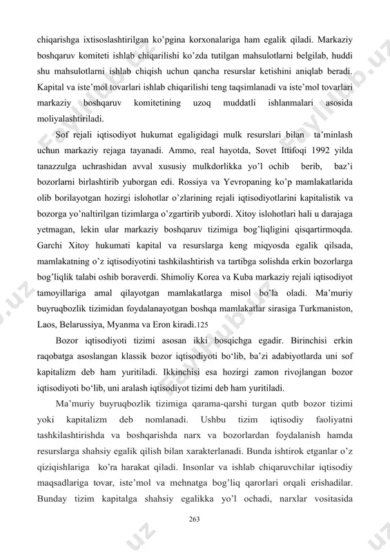 va tarqatish va ishlab chiqarishni tashkillashtirishni amalga oshiradi. hukumat o’z ko’rsatmalariga binoan ishlab chiqarishga ixtisoslashtirilgan ko’pgina korxonalariga ham egalik qiladi. markaziy boshqaruv komiteti ishlab chiqarilishi ko’zda tutilgan mahsulotlarni belgilab, huddi shu mahsulotlarni ishlab chiqish uchun qancha resurslar ketishini aniqlab beradi. kapital va iste’mol tovarlari ishlab chiqarilishi teng taqsimlanadi va iste’mol tovarlari markaziy boshqaruv komitetining uzoq muddatli ishlanmalari asosida moliyalashtiriladi. sof rejali iqtisodiyot hukumat egaligidagi mulk resurslari bilan ta’minlash uchun markaziy rejaga tayanadi. ammo, real hayotda, sovet ittifoqi 1992 yilda tanazzulga uchrashidan avval xususiy mulkdorlikka yo’l ochib berib, baz’i bozorlarni birlashtirib yuborgan edi. rossiya va yevropaning ko’p mamlakatlarida olib borilayotgan hozirgi islohotlar o’zlarining rejali iqtisodiyotlarini kapitalistik va bozorga yo’naltirilgan tizimlarga o’zgartirib yubordi. xitoy islohotlari hali u darajaga yetmagan, lekin ular markaziy boshqaruv tizimiga bog’liqligini qisqartirmoqda. garchi xitoy hukumati kapital va resurslarga keng miqyosda egalik qilsada, mamlakatning o’z iqtisodiyotini tashkilashtirish va tartibga solishda erkin bozorlarga bog’liqlik talabi oshib boraverdi. shimoliy korea va …