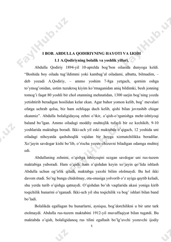 ing ijodidagi dastlabki izlanishlar bo’lib, ular o’sha davrning taraqqiyparvar harakati – jadidchilik g’oyalari bilan sug’orilgan, jadid adabiyoti ta’siri ostida yozilgan edi. bu asarlarda qodiriy qoloq odatlarni tanqid ostiga oladi, xalqni o’zligini anglashga, yangilikka da’vat etadi. yozuvchining “juvonboz” asari bevosita behbudiyning “padarkush” dramasiga taqlidan yozilgan. hikoyada o’qishni tashlab buzuq, shaltoq yo’llarga kirib ketgan boyvachcha otasining mol-mulkini sovuradi, sindiradi; ota-onani dog’da qoldirib, oxiri jinoyatga qo’l uradi, qamaladi. “baxtsiz kuyov”da esa muallif qoloq odatlardan biri – hashamatli to’y ortiqcha sarf-xarajatlar va ularning ko’ngilsiz oqibatlari masalasini ko’taradi. amakisining maslahati bilan solih ismli yetim yigit katta qarz ko’tarib dabdabali to’y qilib, boy xonadon qiziga uylanadi. vaqtida qarzini uzolmay garovga qo’yilgan hovli-joyidan ajralish oldida sharmandalikdan o’zini-o’zi o’ldiradi. qodiriyning oktabr inqilobidan keyingi faoliyati asosan matbuot bilan bog’langan. 1919-yili “oziq ishlari” gazetasiga muharrir bo’lib tayinlandi; so’ngra “ro’sta” gazetasiga muxbir, “ishtirokiyun” va “qizil bayroq” gazetalarida xodim, “inqilob”, “kommunist yo’ldoshi” majmualarida sarkotib va xodim bo’lib ishlaydi. qodiriy ham matbuot xodimi, …