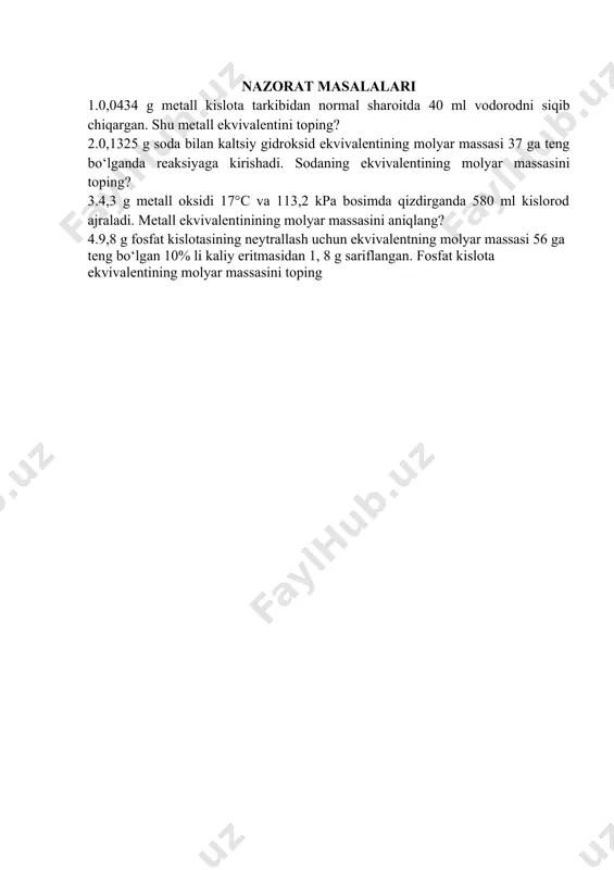 etall kislota tarkibidan normal sharoitda 40 ml vodorodni siqib chiqargan. shu metall ekvivalentini toping? 2.0,1325 g soda bilan kaltsiy gidroksid ekvivalentining molyar massasi 37 ga teng bo‘lganda reaksiyaga kirishadi. sodaning ekvivalentining molyar massasini toping? 3.4,3 g metall oksidi 17°c va 113,2 kpa bosimda qizdirganda 580 ml kislorod ajraladi. metall ekvivalentinining molyar massasini aniqlang? 4.9,8 g fosfat kislotasining neytrallash uchun ekvivalentning molyar massasi 56 ga teng bo‘lgan 10% li kaliy eritmasidan 1, 8 g sariflangan. fosfat kislota ekvivalentining molyar massasini toping oleobject3.bin image1.wmf oleobject1.bin image2.wmf oleobject2.bin image3.emf � ® ­