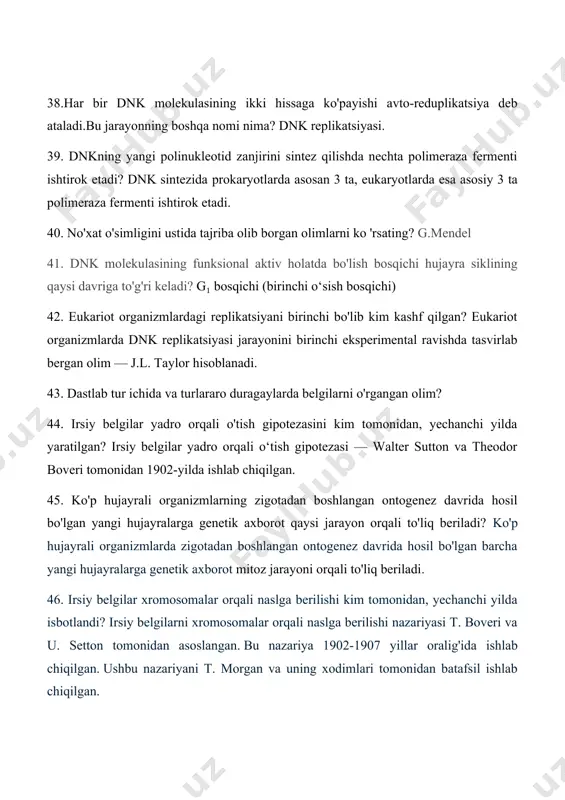 endel hisoblanadi. 48. 3'-5' yo'nalishidagi polinukleotid zanjirining sintezi uchun oldin ayrim qismlar sintezlab olinadi. bu qismlar nima deb ataladi? okazaki fragmentlari. 49. rekombinatsiya natijasida evolyutsiya o'zgarishlar uchun muhim ahamiyatga ega bo'lgan qanday oʻzgaruvchanlik yuzaga keladi? kombinativ o‘zgaruvchanlik. 50.g.a.nodson va g.s.filipovlar tomonidan fanning rivojlanishiga qanday xissa qo'shgan? ularning asosiy hissasi: sun’iy mutagenez asoschisi bo‘lish va mutatsiya tadqiqotlariga ilmiy asos yaratish. 51. rekombinatsiya dnk molekulalarining almashinuvi nima deb ataladi? genetik rekombinatsiya. 52. dnk rekombinatsiyasi haqidagi qaysi nazariya uotson va krik ishlab chiqqan modelga to'g'ri keladi? bu modelga koʻra, dnk molekulasi qoʻsh spiral hosil qiluvchi ikkita polinukleotid zanjirdan tashkil topgan va har ikkala zanjir bir umumiy oʻqqa ega. 53. genetik injeneriya nima olishga asoslangan? genetik injeneriya metodi bir organizmning noyob genlari yoki xromosomalarini boshqa organizmga ko'chirib o'tkazishga asoslangan. 54. irsiyatning moddiy asosi nima? • irsiyatning moddiy asosi - irsiyat omillari haqida oldinga surilgan farazlar ko‘p jihatdan taxminlarga asoslangan 55. sayt-spetsifik rekombinatsiyaga misol keltiring. …