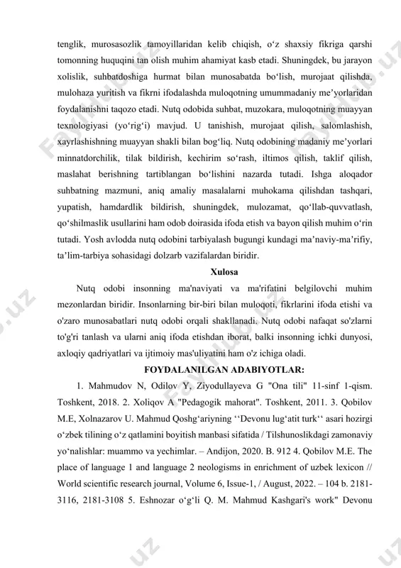 ng ishi” kabi maqol va hikmatli soʻzlarning paydo boʻlishi ham oʻzbek xalqida nutq madaniyatiga azaldan eʼtibor kuchli boʻlganidan darak beradi. nutq odobi – nutqiy muloqot qoidalari, tamoyillari va shakllarining yigʻindisi, muomala madaniyati sinonimi, ijtimoiy faoliyat sohalari bilan bogʻliq madaniy meʼyorlar majmui. nutq odobi qator talablarga javob berishi kerak. ijobiy natijaga yoʻnalganlik, nizo va bahsli holatlarni yechishga intilish, kelishish, bitimga erishishga harakat qilish nutq odobining ijobiy uslubidir. nutq odobiga rioya qilmaslik salbiy jihat boʻlib, bunday muloqot nizoga, tarafkashlikka, shaxslararo ziddiyatga olib kelishi mumkin. ishga aloqador muloqotda obyektiv mezonlar asosida masalani baholash, vaziyatni xolis ekspertiza qilish, xulosani aniq ifodalash, tenglik, murosasozlik tamoyillaridan kelib chiqish, oʻz shaxsiy fikriga qarshi tomonning huquqini tan olish muhim ahamiyat kasb etadi. shuningdek, bu jarayon xolislik, suhbatdoshiga hurmat bilan munosabatda boʻlish, murojaat qilishda, mulohaza yuritish va fikrni ifodalashda muloqotning umummadaniy meʼyorlaridan foydalanishni taqozo etadi. nutq odobida suhbat, muzokara, muloqotning muayyan texnologiyasi (yoʻrigʻi) mavjud. u tanishish, murojaat qilish, salomlashish, …