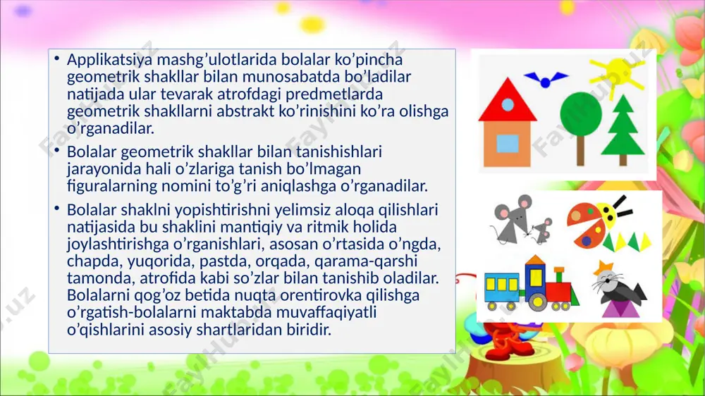 yelimlash usullarini o’rgatish hisoblanadi. bu guruhda bolalarda dastlab bir; keyin 2-3 qismdan to’zilgan predmetlarni (qo’ziqorin, bayroqcha, qorbobo, uy) yopishtirishga o’rganadilar. shuningdek, yil oxiriga borib bolalar olti-etti xil rangni qizil, ko’k, sariq, yashil, jigarrangni to’g’ri aytib berishlari lozim. yaxshi uyushtirilgan appilikatsiya mashg’ulotlari, bolalarni boshqa mashg’ulotlarga, dekorativ, predmetli va syujetli mashg’ulotlariga ijobiy ta’sir etadi. kichik guruhlarda applikatsiya mashg’uloti bolalarda sensor madaniyat oshadi, qo’l bilan tahlil qobiliyati o’sadi va badiiy didlari shakllanadi. o’rta guruhda applikatsiya qilishga o’rgatish. bola hayotining 5-yiliga kelib ham psixologik, ham jismoniy tomondan o’sadi. bu esa bolaning applikatsiya bo’yicha bajaradigan ishning sifat jihatidan o’zgarishiga olib keladi. o’rta guruh bolalari 2-3 qismli emas, balki 4-5 qismdan iborat predmetlarni tuzishga o’rganadilar. dastlab, bu guruhga qaychi bilan ishlash kiritiladi. bolalar qaychini to’g’ri ushlashga, uni richagini yopishga va ochish to’g’ri qirqim olishga o’rganadilar. bola hayotining 5 yilida doira, kvadratdan tashqari uchburchak, oval, o’zun to’g’ri to’rtburchakni biladilar. trapetsiya shaklini esa kichik guruhda bo’lgani kabi obrazli …