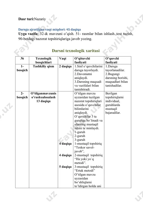 xnologik bosqichlari vaqt o’qituvchi faoliyati o’quvchi faoliyati 1-bosqich tashkiliy qism 2 daqiqa 1.sinf o’quvchilarini darsga tayorlaydi. 2.davomatni aniqlaydi. 3.darsning maqsadi va vazifalari bilan tanishtiradi. 1.darsga tayorlanadilar. 2.bugungi darsning borishi, maqsadlari bilan tanishadilar. 2-bosqich o’tilganmavzuniso’rashxulosalash 13 daqiqa 4 daqiqa 4 daqiqa 5 daqiqa o’tilgan mavzu uyzasidan tuzilgan nazorat topshiriqlari asosida o’quvchilar bilimlarini aniqlaydi. o`quvchilar 3 ta guruhga bo`linadi va ularning mustaqil ishini ta`minlaydi. 1-guruh 2-guruh 3-guruh 1-mustaqil topshiriq “teskor savol-javob”, 2-mustaqil topshiriq “ha yoki yo`q metodi”. 3-mustaqil topshiriq “ertak metodi” o’tilgan mavzu uyzasidan bo’shliqlarni to’ldirgan holda uni yakunlaydi. berilgan topshiriqlarni individual, guruhlarda mustaqil bajaradilar. 3-bosqich yangi mavzuni bayoni 12 daqiqa yangi mavzuni kichik ma’ruza asosida tushuntiradi. yangi mavzuni o’zlashtiradilar.nazariy bilim oladilar. 4-bosqich yangi mavzuni mustahkamlash. 11 daqiqa 4 daqiqa 4 daqiqa 3 daqiqa mavzuga doir o’quvchilar egallagan bilimlarni mustahkamlash uchun tayorlangan topshiriqlar mohiyati bilan tanishtiradi va ularning bajarilishini nazorat qiladi. 1-mustaqil topshiriq t “lootto” 2- mustaqil topshiriq “men kimman” 3- mustaqil …