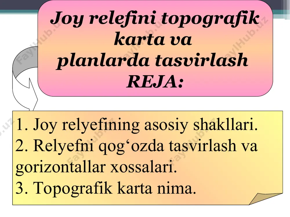 zda bir necha usulda tasvirlash mumkin: topografik karta va planlarda relyefni tasvirlashda joy nuqtalari balandliklarini tez topish, yon bag‘ir yо‘nalishlari va tikliklarni aniqlash mumkinligi va tasvirlangan joy relyefi hamda uning ayrim shakllarining о‘zaro joylashishi tо‘g‘risidagi yaxshi tushuncha olish shartlari qо‘yiladi. * sxavam avab 308-guruh abdullayev ulug'bek relyefni tasvirlash uchun yer yuzasining о‘ziga xos nuqtalari hamda chiziqlar yо‘nalishi bо‘yicha nuqtalarning balandliklari topiladi, ularning hammasi kartada kо‘rsatilsa, uni о‘qish qiyin bо‘ladi. shu sababli yuqorida sanab о‘tilgan shartlarni qanoatlantirish uchun relyefni tasvirlashda nuqtalar balandliklaridan ayrimlarini yozish bilan birgalikda gorizontallar usuli qо‘llaniladi. relyefni qog‘ozda bir necha usulda tasvirlash mumkin: topografik karta va planlarda relyefni tasvirlvshda joy nuqtalari balandliklarini tez topish, yon bag‘ir yо‘nalishlari va tikliklarni aniqlash mumkinligi va tasvirlangan joy relyefi xamda uning ayrim shakllarining о‘zaro joylashishi tо‘g‘risidagi yaxshi tushuncha olish shartlari qо‘yiladi. * rel’yef va uning asosiy shakllari –yer yuzadagi notekisliklar, ya’ni balandlik, pastlik, tog’lik va pasttekisliklar yig’indisiga rel’yef deyiladi. har qanday qurilish …