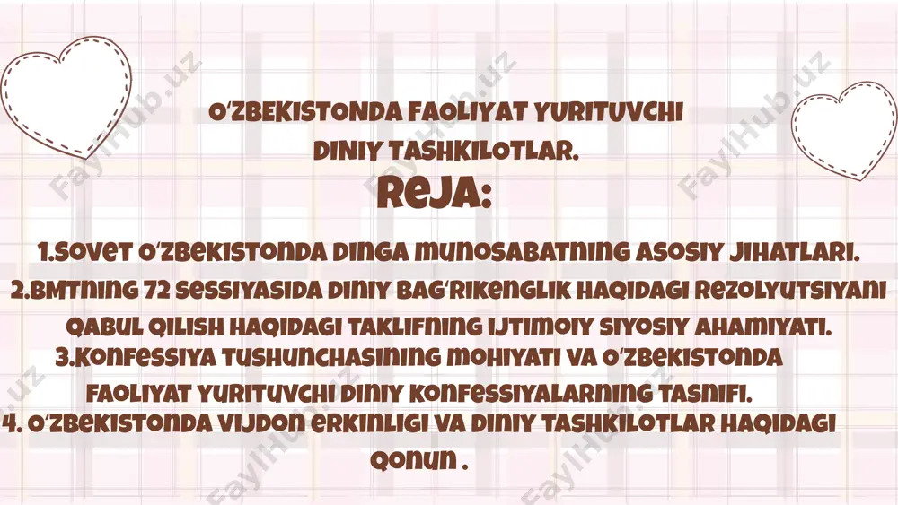muxtorjon, nuriddin xoliqnazarov muftiy domlalar va boshqalar. oʻrta osiyo va qozogʻiston musulmonlar diniy boshqarmasi tugatilib oʻrniga 4 ta respublika diniy boshqarmasi tuziladi. oʻzbekistonda movarounnahr musulmonlari idorasi tuziladi. 1996 yilda oʻzbekiston musulmonlar idorasi deb nomlangan. oʻzbekiston musulmonlar idorasin masjidlae va islom markazlari 2000 ta rasmiy roʻyxatga olingan masjidlar mavjud. sahoba jamgʻarmasi bu 2003 yilda xayriya va ehsonlar uchun tashkil etilgan . 2018 yil 12 dekabrda " maʼrifat va diniy bagʻrikenglik" rezolyutsiyasi yakdillik bilan qabul qilingan . konfessiya soʻzi " lotincha "confessio" oʻzbek tiliga aynan tarjima qilinganda " eʼtiqod qilish" degan maʼnolarni bildiradi. 2024 yilda qariyb 461.5 ming nafar oʻzbekistonlik lar haj safariga borishgan . haj va umraning farqi . haj bu 1 oylik yoki koʻp muddat mobaynida qolish . umra bu 1 kun yoki vaqtinchalik qisqa muddatni ifodalaydi. ayniqsa" harakatlar strategiyasining" 5 chi ustunidan ham diniy bagʻrikenglik haqida ham aytib oʻtilgan . hozirgi kunga kelib esa din erkinligi juda yaxshi darajada …