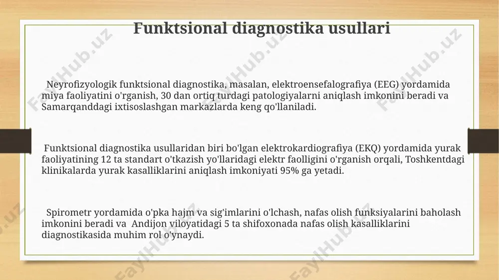 muhim ahamiyatga ega. biopsiya jarayonida olingan to'qima namunalari 5-10 mm hajmdagi bo'laklarga bo'linib, formaldehidli fiksatorga joylashtiriladi va keyinchalik toshkentdagi gistopatologiya laboratoriyasiga yuboriladi. genetik diagnostika xromosomalar soni va tuzilishidagi anormalliklarni aniqlash uchun fish (fluoresensiya in situ gibridizatsiyasi) texnikasi qo'llaniladi, bu usul 5 dan ortiq xromosoma anomaliyalarni aniqlay oladi va butun dunyo bo'ylab, shu jumladan toshkentdagi klinikalarda keng qo'llaniladi. genetik diagnostika, masalan, preimplantatsion diagnostika (pid) yordamida in vitro urug'lantirish jarayonida 300 dan ortiq genetik kasalliklarni aniqlash imkonini beradi, bu esa o'zbekistonlik oilalarga sog'lom farzand ko'rishga yordam beradi. genetik testlar, masalan, pcr (polimeraza zanjiri reaksiyasi) orqali turli xil irsiy kasalliklarni, jumladan, 100 dan ortiq turdagi kanserogen gen mutatsiyalarini aniqlash mumkin, natijada davolash rejasini shaxsiylashtirishga yordam beradi va aqshdagi kabi rivojlangan mamlakatlarda qo'llaniladi. mikrobiologik tekshiruvlar o'zbekistonda o'tkazilgan tadqiqotlar shuni ko'rsatdiki, mikrobiologik tahlillar natijalarining 95% aniqligi 24 soat ichida olinadi. samarqand viloyatida joylashgan tibbiyot muassasalarida mikrobiologik tekshiruvlar uchun yangi avlod 5g texnologiyasidan foydalanilmoqda, bu natijalarni …