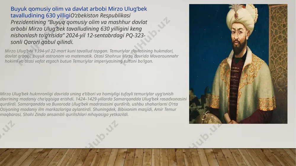 qarab yurdi. biroq alouddavlaning ukasi abulqosim bobur mirzo unga yordamga keldi va ulugʻbekni magʻlub etdi. ulugʻbek balxga chekindi va u yerda uning hokimi, toʻngʻich oʻgʻli abdullatif mirzo isyon koʻtarganini bildi. yana ichki urush boshlandi. abdullatif amudaryo boʻyida otasining qoʻshinini kutib olish uchun qoʻshin toʻpladi . biroq ulugʻbek shahardagi notinchlik xabarini eshitib, hech qanday jang boʻlmasdan turib samarqandga chekinishga majbur boʻladi. abdullatif tez orada samarqandga yetib boradi va ulugʻbek beixtiyor oʻgʻliga taslim boʻladi. abdullatif otasini hibsdan ozod qilib, makkaga haj qilishiga ruxsat berdi. biroq, manziliga yetib bormasdan turib otasi va ukasi abdulazizni ham 1449-yilda qatl qildirdi. oʻsmir hukmdor shaharni imperiyaning intellektual markaziga aylantirishni maqsad qilgan. 1417—1420-yillarda samarqanddagi registon maydonida madrasa („universitet“) qurdirdi va koʻplab islom astronomlari va matematiklarini oʻqishga taklif qildi. ulugʻbekning astronomiya boʻyicha eng mashhur shogirdi ali qushchi (1474-yilda vafot etgan) edi. qozizoda rumiy ulugʻbek madrasasining eng koʻzga koʻringan muallimi boʻlgan va keyinchalik bu oʻringa astronom jamshid al-koshiy kelgan ilmiy-madaniy …