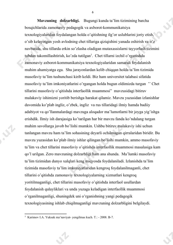 n, s.novas, w.souder va boshqa bir qator olimlar shug’ullanganlar. masofadan o’qitishni oliy ta’limga qo’llash borasidagi ilmiy tatqiqotlar a.abduqodirov, t.f.bardina, r.boqiev, v.d.orexova, r.hamdamov, s.i.rahmonqulova, u.yo’ldashev, n.hammond, a.jones va boshqalar tomonidan olib borilgan. bitiruv malakaviy ishining maqsadi. - masofaviy ta’lim imkoniyatlarini o’rganish, chet tillarini masofaviy o’qitishda interfaol usullardan foydalanish qulayliklari va unda yuzaga keladigan interfaollik muammosini tahlil qilish. bitiruv malakaviy ishining vazifalari. – masofaviy ta’lim tizimi imkoniyatlarini o’rganish; til o’rgatishda masofaviy ta’lim texnologiyalarining qulayliklarini aniqlash; chet tili darslarida interfaol usullardan foydalanish afzalliklarini tahlil qilish; chet tillarini masofaviy o’qitishda interfaollik muammolarini ko’rib chiqish. bitiruv malakaviy ishining obyekti. - hozirgi kunda ta’lim tizimida jadal rivojlanayotgan masofaviy ta’lim. bitiruv malakaviy ishining predmeti. - ta’lim tizimida masofaviy ta’lim imkoniyatlarini o’rganish va chet tillarini masofaviy o’qitishda yuzaga keladigan interfaollik muammosi ochib berish. metodik asos sifatida o'zbekiston respublikasi prezidenti i.a.karimovning asarlari, prezidentimiz islom karimovning 2012-yil 10-dekabrda qabul qilingan “chet tillarni o‘rganish tizimini yanada takomillashtirish chora-tadbirlari to‘g‘risida”gi qarori, o'zbekiston …