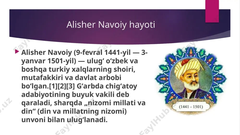 lisher navoiyning ijtimoiy hayot va obodonchilik borasidagi eng faol xizmat koʻrsatgan yillari boʻlgan. shoir 1481 yili “vaqfiya” asarini yozib, unda oʻzining binokorlik va xayriya ishlariga yakun yasab, oʻz-oʻziga hisob bergan. navoiy oʻz “xamsa”sini yaratishga 1483 yilda kirishgan boʻlsa, uning birinchi dostoni “hayrat ul-abror” (“yaxshi kishilarning hayratlanishi”)ni oʻsha yili yozib tugatdi. 1484 yilda “farhod va shirin”, “layli va majnun”, “sabʼai sayyor” (“yetti sayyor”), 1485 yilda “saddi iskandariy (“iskandar devori”) dostonini poyoniga yetkazdi. eʼtiboringiz uchun rahmat image1.jpeg image2.png image3.png image4.png image5.png image6.png /docprops/thumbnail.jpeg